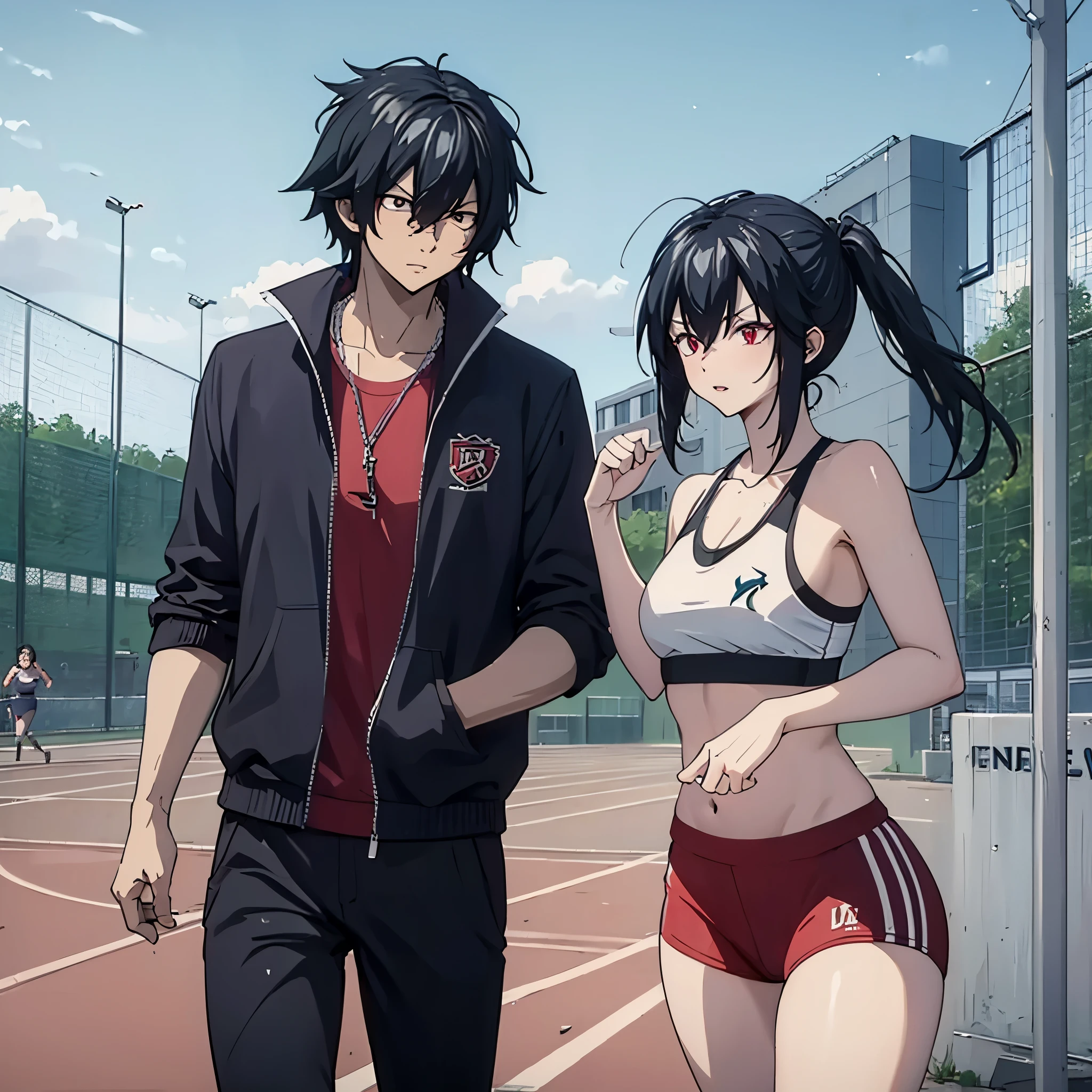 a man together with a woman (eye red) , in gym clothes running on an athletics track
