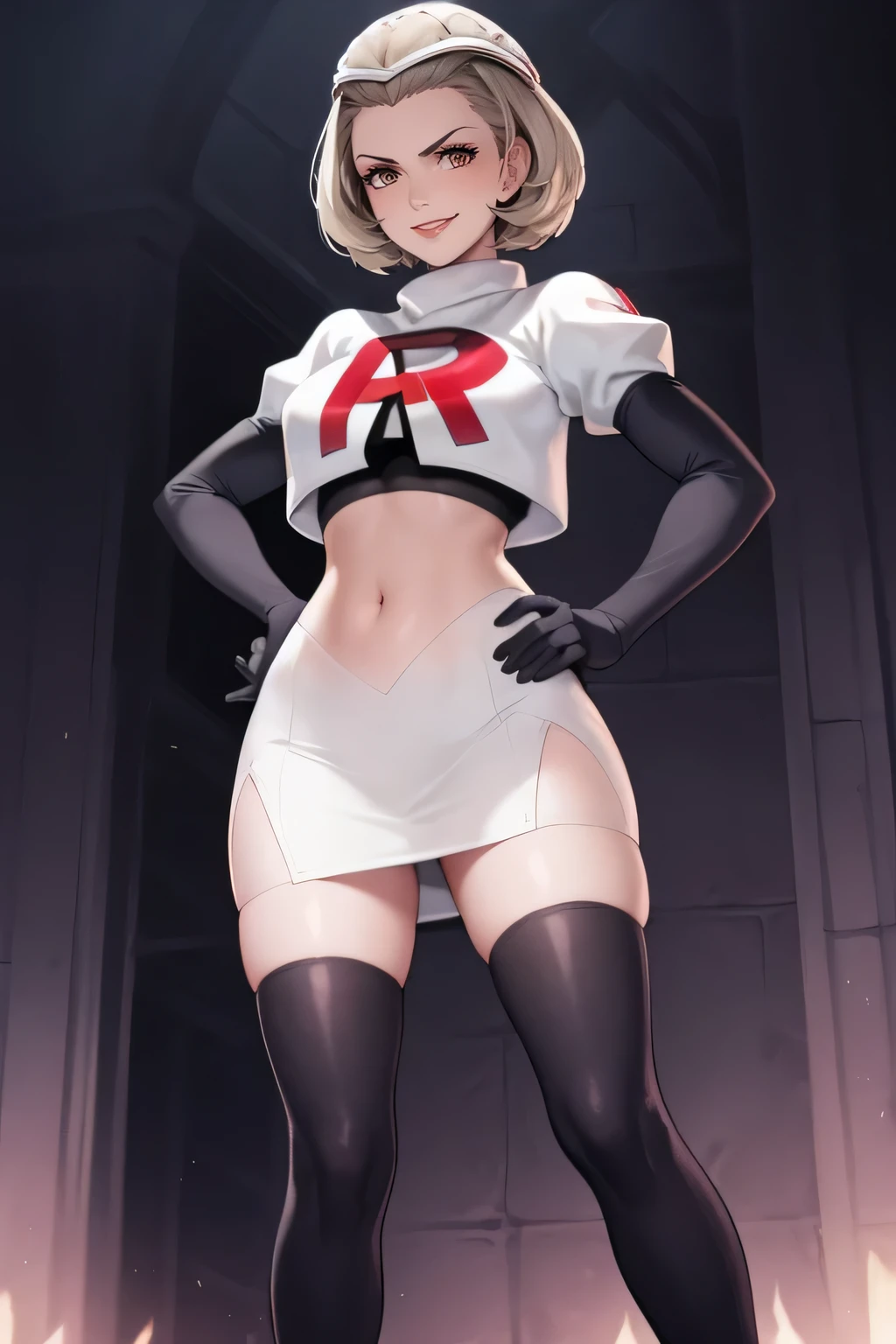 defManuela,glossy lips ,team rocket uniform, red letter R, white skirt,white crop top,black thigh-high boots, black elbow gloves, evil smile, hands on hips 