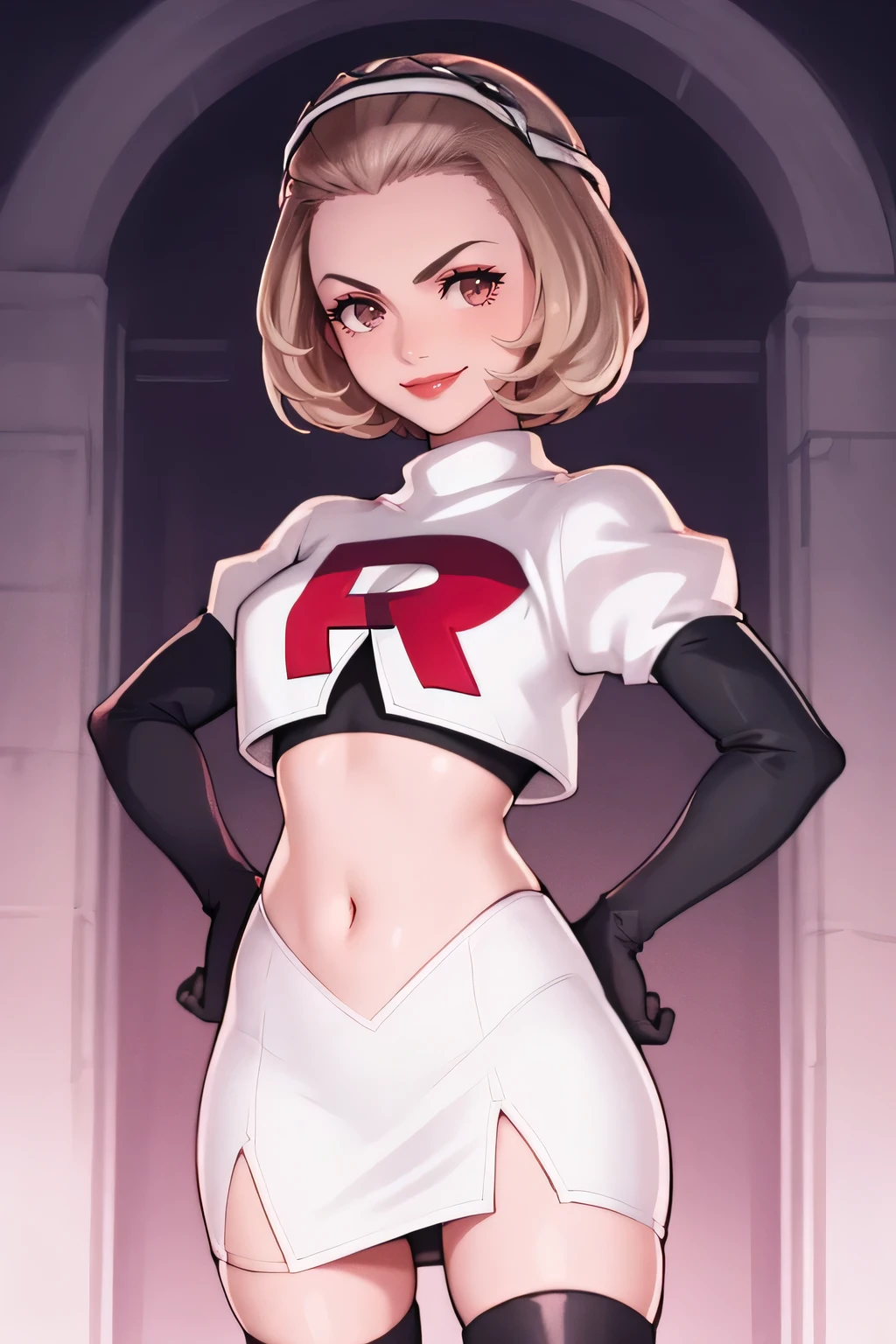 defManuela,glossy lips ,team rocket uniform, red letter R, white skirt,white crop top,black thigh-high boots, black elbow gloves, evil smile, hands on hips 