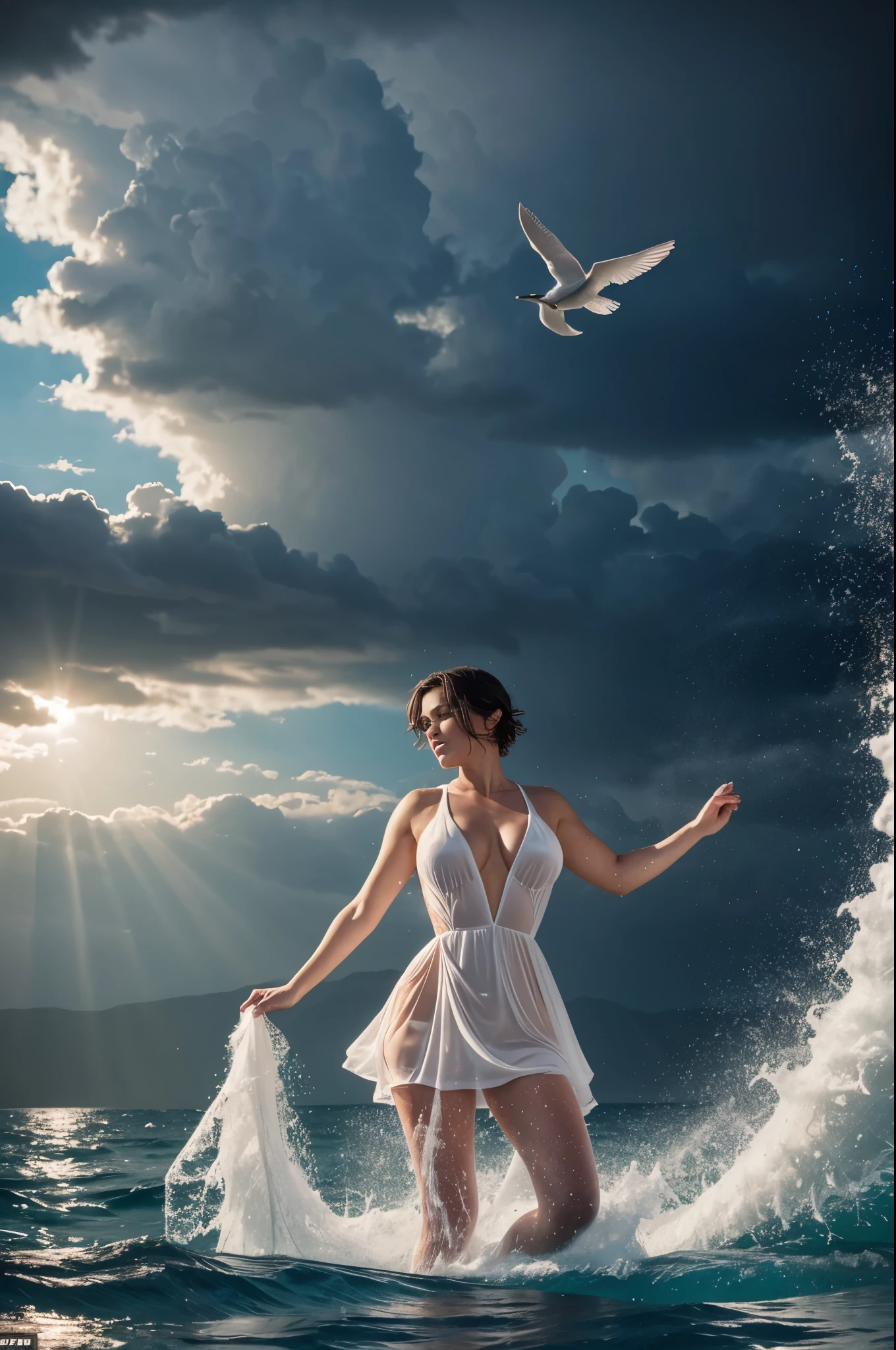 naked white-skinned plump woman with short brown hair wearing transparent shoes with water drops flying around her, streams of water swirling around the body in the shape of a dress, emerges from a pile of foam in a stormy sea, Dramatic fairytale lighting, flying water jets, Full-face face