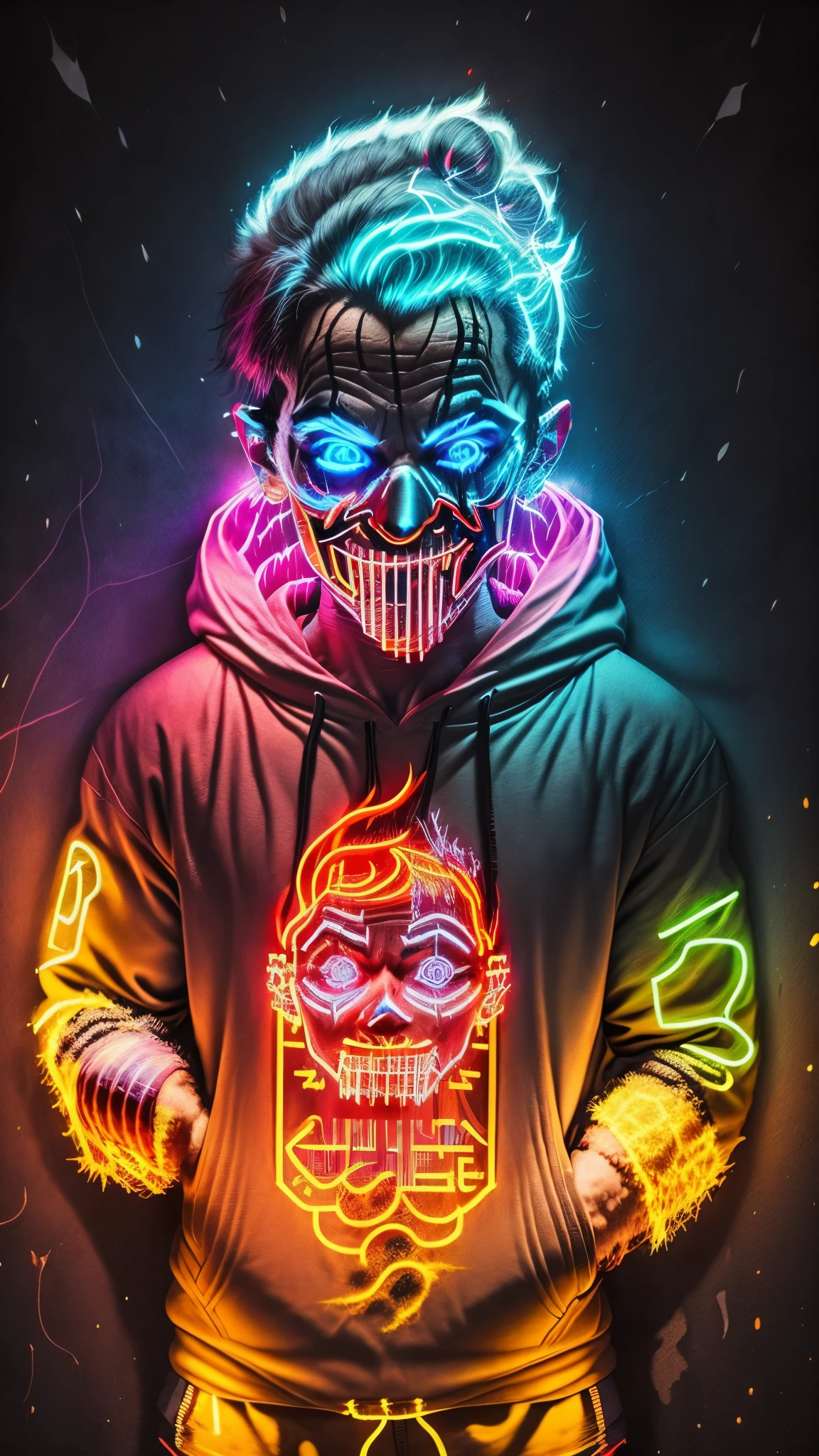 a person in a hoodie with a glowing mask on, evil smile and glowing eyes, in an alleyway during the purge, with red glowing eyes, red neon, evil glow, ghost neon, elaborate lights. mask on face, glowing-eyes-and-mouth, red glowing eyes, red lighting on their faces, scary style, with glowing eyes, profile pic