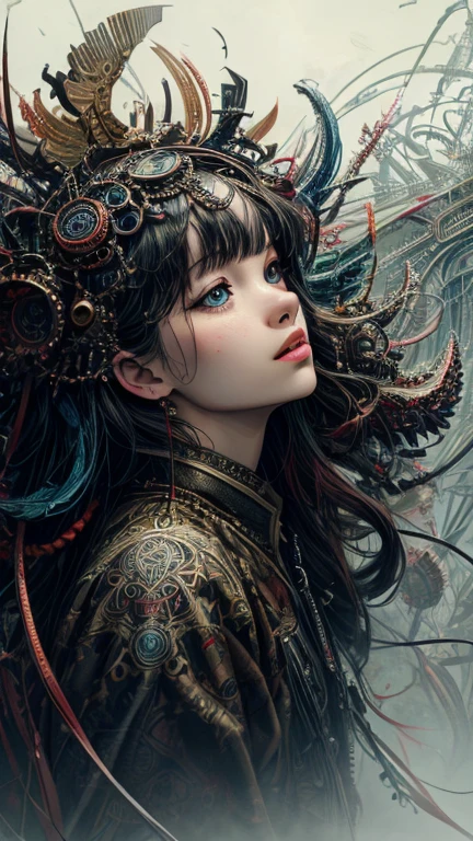 official art, unity 8k wallpaper, Super detailed, beautiful and aesthetic, masterpiece, highest quality, (zentangle, mandala, tangle, entangle), (fractal art:1.3) ,( 1 girl:1.4), very detailed, dynamic angle, cowboy shot, the most beautiful form of chaos, elegant, brutal designer, Bright colors, romanticism, Written by James Jean, robbie dowi antono, Ross Tran, francis bacon, Michael Mraz, Adrian's genius, Petra Cortright, Gerhard Richter, takato yamamoto, ashley wood, in the atmosphere, steampunk,gear