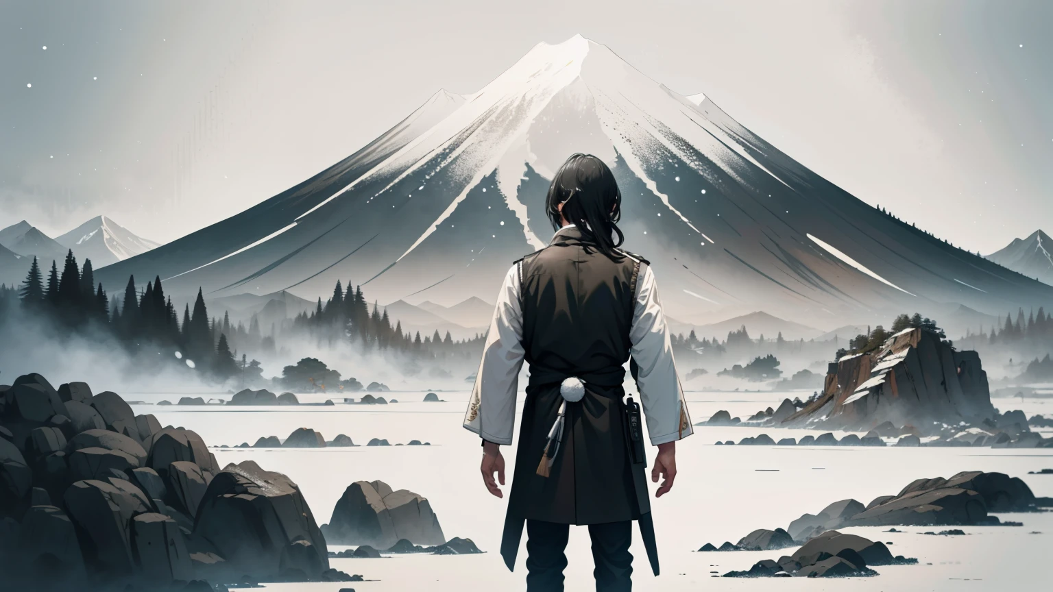 illustration of father in a snowy land, man, short black hair, messy hair, snow landscape, winter clothes, black hair, facing away, back turned, not looking at camera, upper body, ink smudges, inky, abstract, Chinese aesthetic, Absurd, high resolution, ultra-detailed, (1 girl:1.3),