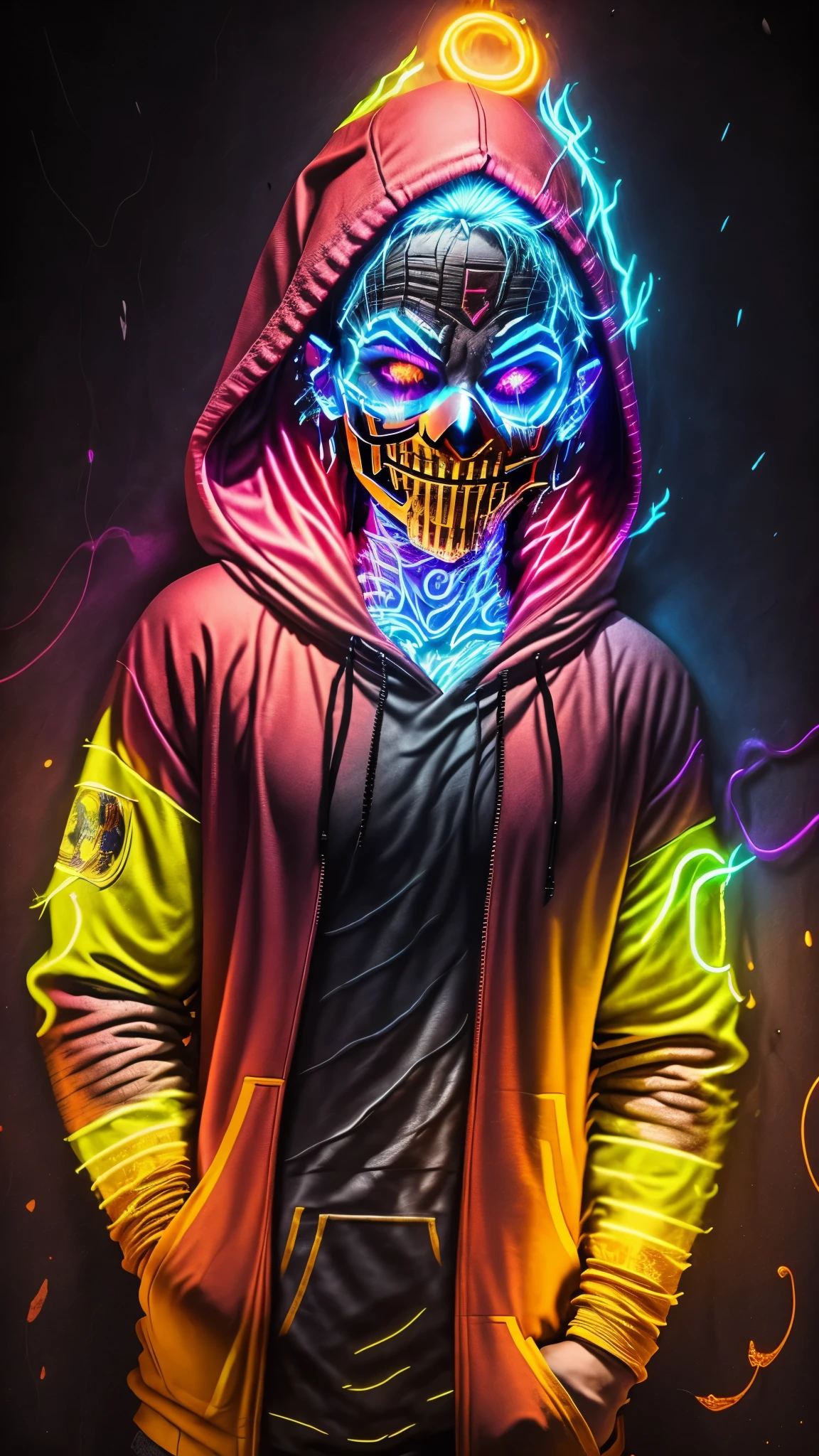 a person in a hoodie with a glowing mask on, evil smile and glowing eyes, in an alleyway during the purge, with red glowing eyes, red neon, evil glow, ghost neon, elaborate lights. mask on face, glowing-eyes-and-mouth, red glowing eyes, red lighting on their faces, scary style, with glowing eyes, profile pic