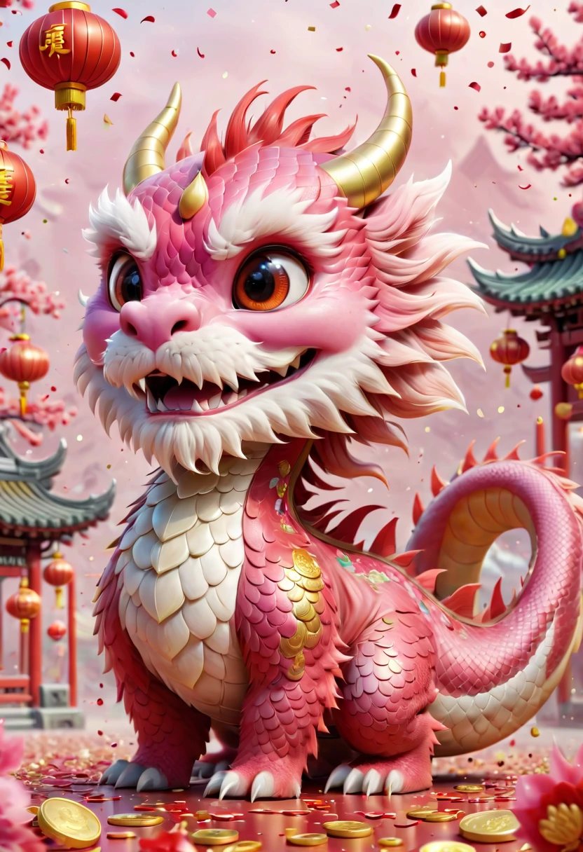 Chinese Lunar New Year has arrived，baby oriental dragon，hairy body，big furry head，pink，Silly dragon，interesting。Many gold coins burst out from firecrackers，Red and gold confetti flying in the sky，Gold coin rain，A strong festive atmosphere，It was very lively。