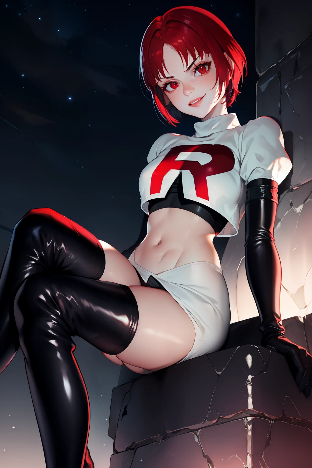 feMonica, short hair,red eyes ,glossy lips ,team rocket uniform, red letter R, white skirt,white crop top,black thigh-high boots, black elbow gloves, evil smile, sitting down, looking down on viewer ,legs crossed, night sky background