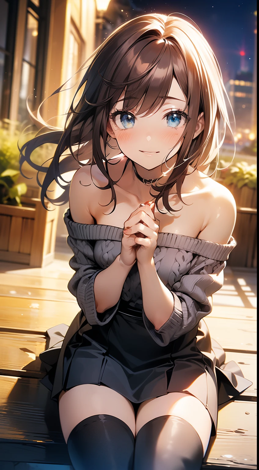 ((masterpiece, best quality, high resolution, ultra high definition, Pixel perfect, depth of field, 4K, RTX, human development report))), 1girl in, single, alone, Beauty、see whole body、 ((Long hair to waist, Short Liuhai, reddish brown hair)), ((blue eyes, beautiful eyelashes, realistic eyes)), ((Detailed face, blush:1.2)), ((smooth texture:0.75, lifelike质感:0.65, lifelike:1.1, Anime CG style)), medium breasts, Perfect body, (( collarless sweater, bare shoulders, short skirt ,Black tights)), Smile, side sitting position, (The wind is strong and blows my hair,Expose left shoulder、Black tights) , Night view hot spring,Snowy nights