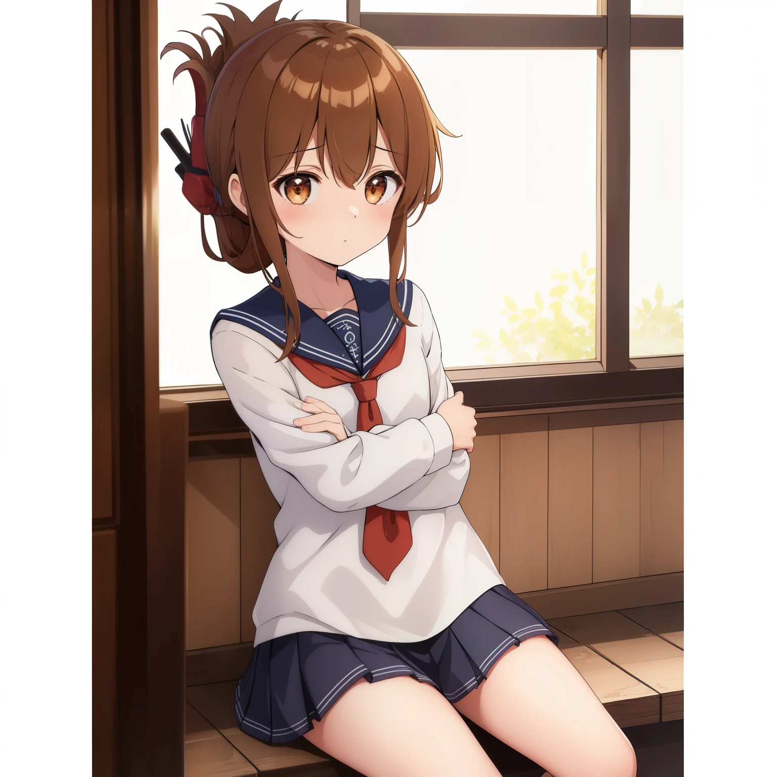 (masterpiece, highest quality:1.2),figure,8K,HD,1 girl,alone,Brown_hair,folded_ponytail,Brown_eye,serafuku,length_hair,School_uniform,skirt,pleats_skirt,セーラー服を着た体調の悪い女子高生がSchoolの体育館に座り、Observing a class while hugging one&#39;s knees.