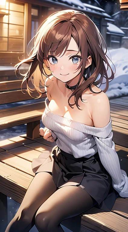 ((masterpiece, best quality, high resolution, ultra high definition, Pixel perfect, depth of field, 4K, RTX, human development report))), 1girl in, single, alone, Beauty、see whole body、 ((Long hair to waist, Short Liuhai, reddish brown hair)), ((blue eyes, beautiful eyelashes, realistic eyes)), ((Detailed face, blush:1.2)), ((smooth texture:0.75, lifelike质感:0.65, lifelike:1.1, Anime CG style)), medium breasts, Perfect body, (( Shoulderless low-cut sweater, bare shoulders, short skirt ,Black tights)), Smile, side sitting position, (wind blows hair,bare shoulders、exposing her chest、Black tights) , Night hot spring,It's snowing
