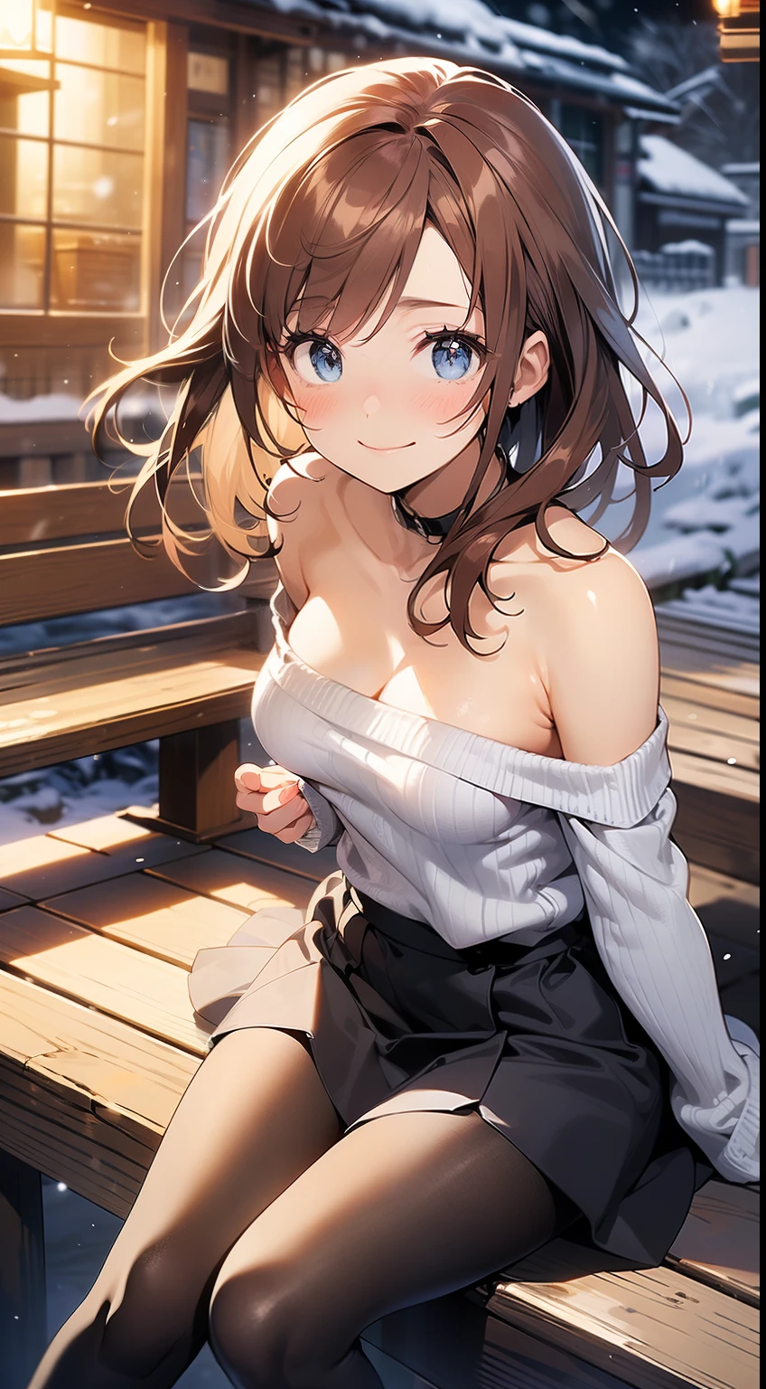 ((masterpiece, best quality, high resolution, ultra high definition, Pixel perfect, depth of field, 4K, RTX, human development report))), 1girl in, single, alone, Beauty、see whole body、 ((Long hair to waist, Short Liuhai, reddish brown hair)), ((blue eyes, beautiful eyelashes, realistic eyes)), ((Detailed face, blush:1.2)), ((smooth texture:0.75, lifelike质感:0.65, lifelike:1.1, Anime CG style)), medium breasts, Perfect body, (( Shoulderless low-cut sweater, bare shoulders, short skirt ,Black tights)), Smile, side sitting position, (The wind is strong and blows my hair,Expose left shoulder、exposing her chest、Black tights) , Night hot spring,It's snowing
