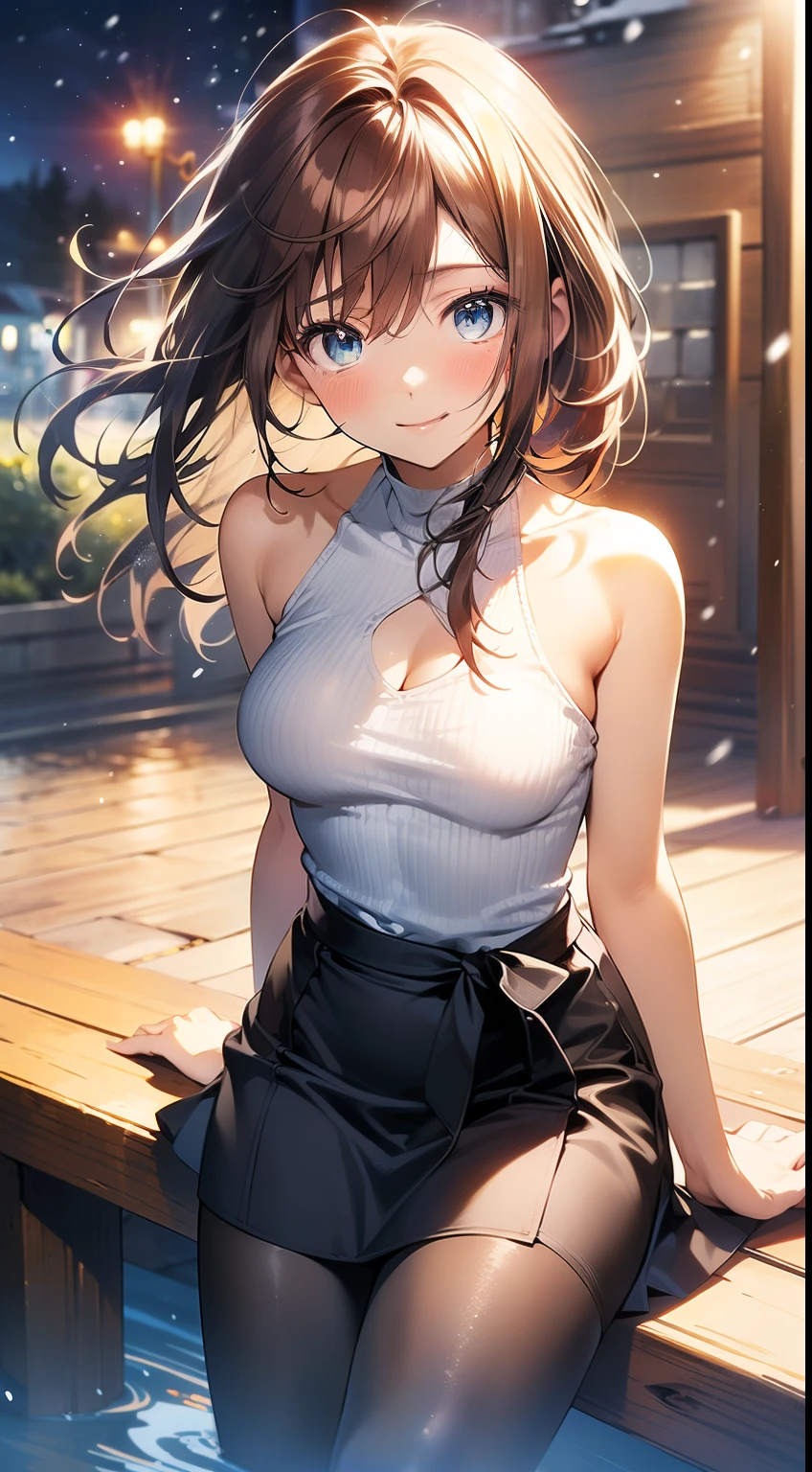 ((masterpiece, best quality, high resolution, ultra high definition, Pixel perfect, depth of field, 4K, RTX, human development report))), 1girl in, single, alone, Beauty、see whole body、 ((Long hair to waist, Short Liuhai, reddish brown hair)), ((blue eyes, beautiful eyelashes, realistic eyes)), ((Detailed face, blush:1.2)), ((smooth texture:0.75, lifelike质感:0.65, lifelike:1.1, Anime CG style)), medium breasts, Perfect body, (( Shoulderless low-cut sweater, bare shoulders, short skirt ,Black tights)), Smile, side sitting position, (The wind is strong and blows my hair，Expose left shoulder、exposing her chest、Black tights) , Night hot spring,It&#39;s snowing