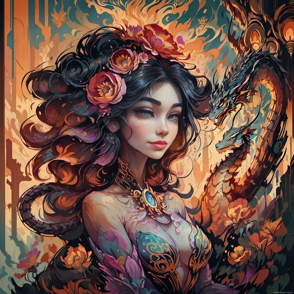 a woman standing on a cliff looking at a dragon with a long tail, dragon queen with beautiful high detail face, high details eyes lips mouth, fantasy art style, official art, unity 8k wallpaper, ultra detailed, beautiful and aesthetic, beautiful, masterpiece, best quality, (zentangle, mandala, tangle, entangle), (ecstasy of flower:1.2), dynamic angle, cowboyshot, the most beautiful form of chaos, elegant, a brutalist designed, vivid colours, romanticism, atmospheric, warm smile, bright eyes detailed eyes