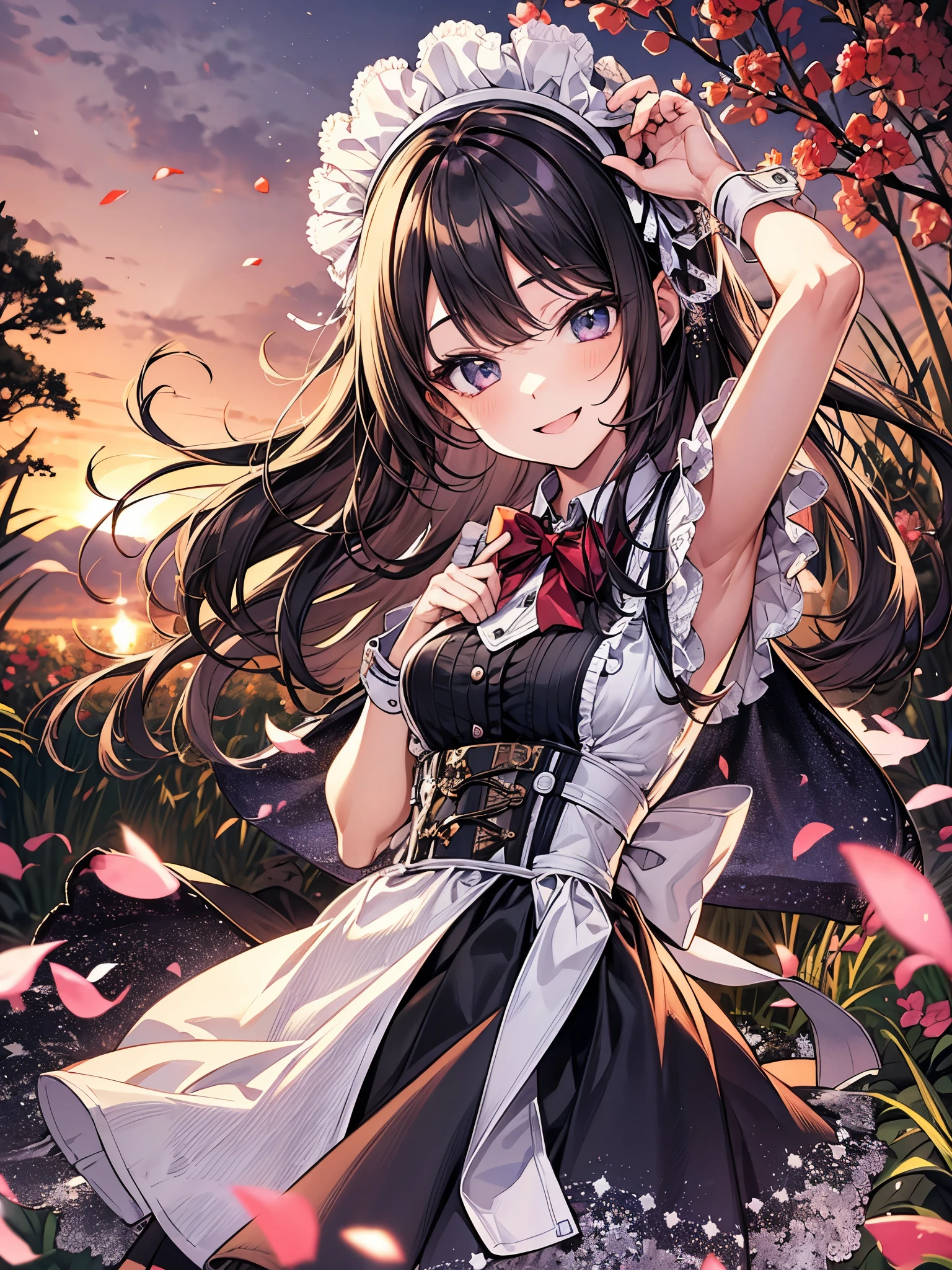 blur the background、A girl wearing a maid costume is smiling cutely at me in the garden.、Sparkly air、dancing petals、dazzling light at sunset、hair、Mesh Color