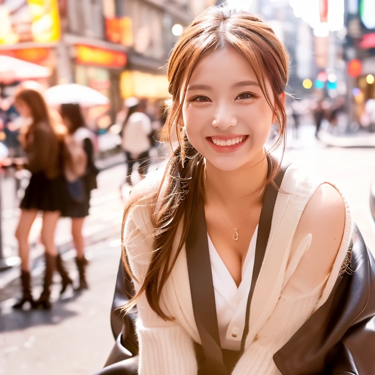 ((I can see the whole body))、(8K、Real like a photo、)、((popular idol、cute face、beautiful eyes、beautiful smooth bronze hair、Hair up、perfect style、beautiful chest:1.1、cleavage、艶やかなcolor白の湿った肌、20-year-old))、(紺colorのタイトなワンピース)、((mini skirt、knee high boots))、((You can see beautiful thighs))、(dynamic background、background blur)、((She blushes and smiles shyly at the viewer.))、(color々pose)、portrait shot、professional lighting