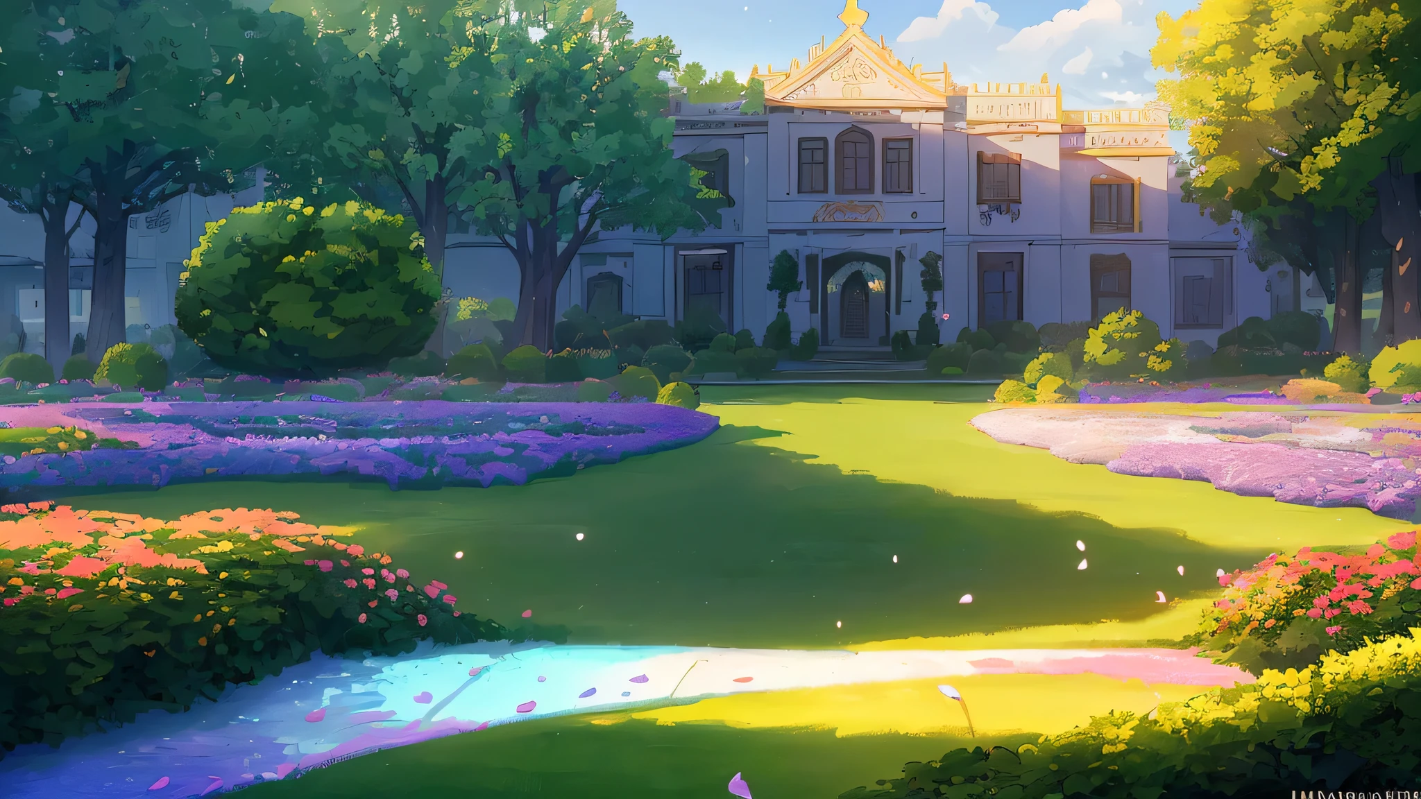 (((no one)))、background、masterpiece, highest quality, (Highly detailed CG Unity 8K wallpaper) (highest quality), (best illustrations), (best shadows) nature&#39;A delicate garden, rainbow-colored petals scattering in the sky, chasing the light, Super detailed - V6、Western architecture mansion