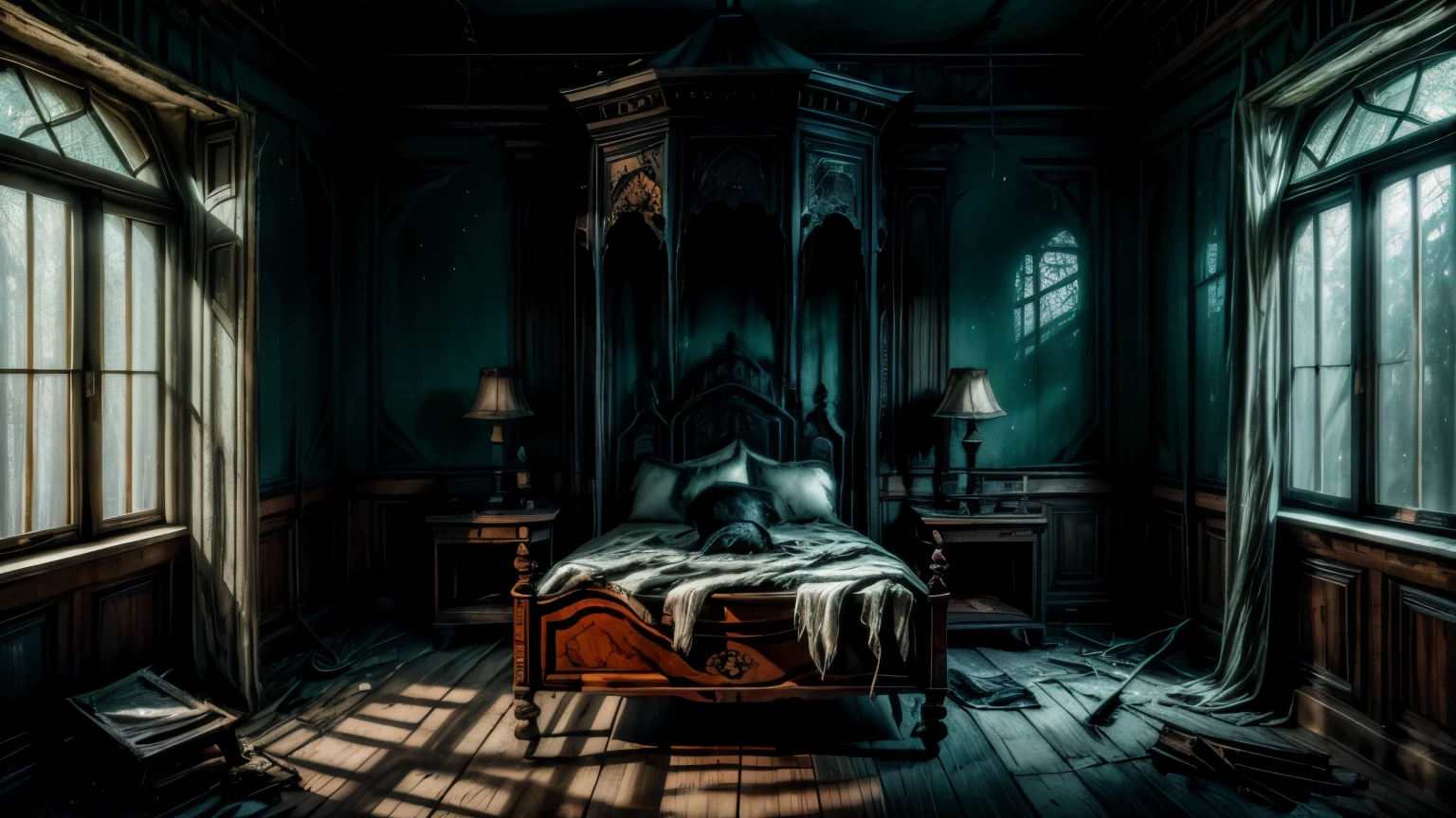 an abandoned, mysterious house in the dark woods, (best quality, highres) with haunting whispers and ghostly apparitions, (horror) illuminated by a pale moonlight, casting long shadows on the decaying furniture and broken glass, (ultra-detailed) revealing intricate cobwebs and layers of dust, (creepy) creating an atmosphere of suspense and unease. The air is heavy with an otherworldly presence, (photorealistic) as if time has stopped in this eerie place, (grim, gothic) where secrets and forgotten nightmares reside. Busty priest praying , giga_busty