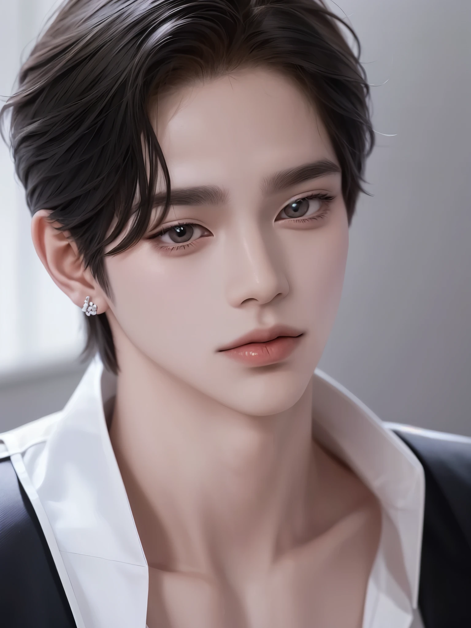 ((1hombre))),((ulzzang)),((pelo despeinado)),elegante,((hombre)),(Fondo blanco),collar,tatuaje,((coreano)),modelo,posando,((Cabello corto)),sensualidad ojos,((top corto))hombre, elegante, chico malo coreano, ultra detallado,hiper detalles,cinematic light, Solo,Pararse,Estudio blanco,filtro en blanco y negro,de cerca,frente,looking at viewer from frente,hombrehwa-style,camisa desabotonada,Tatuaje en el pecho,pelo negro,flequillo desordenado,corte de pelo emo,modelo,pose,drilling,pendientes,collar de cruz,sonrisa.