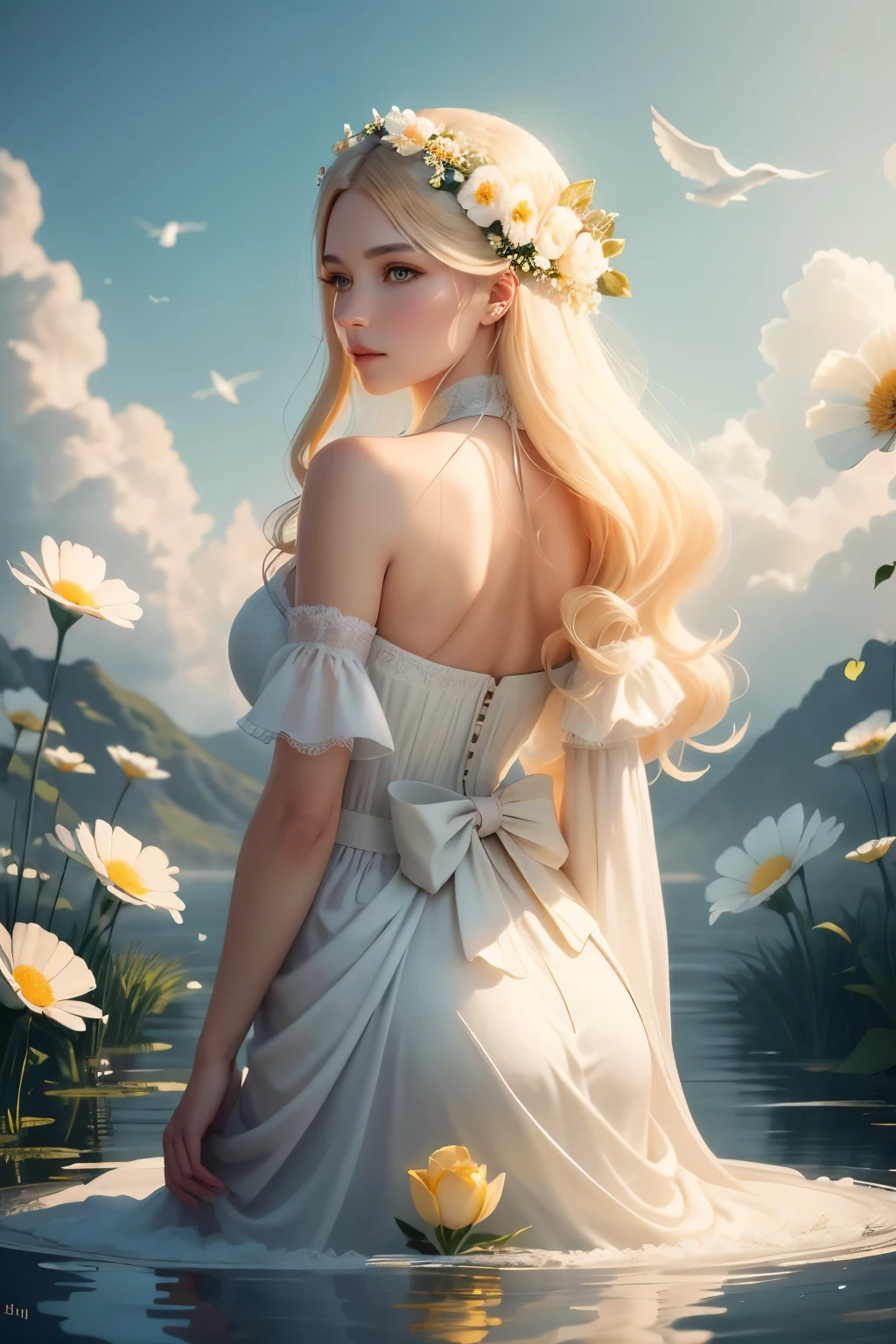 Flowers like castles from a golden spring tower over a beautiful Lady fare, in the spring of eternal youth she bathes her alabaster form to a symphony of trumpeter swans they fly in a sunbeam sky of assure and cotton cloud an extreme 90 meters long shot octane render, high quality hyperdetailed 24k photorealistic