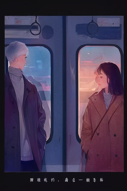 Two people standing side by side on a train, nostalgic melancholic artwork, Woman looking at the scenery outside the window in front of the subway door,A man looking at the woman,vivid colors, soft focus, Light leakage, dreamy winter atmosphere, experimental charm, Retro charm break color field painting, A variety of colors, abstract expressionism, bold hues, emotional impact, atmospheric depth, Minimalist approach BREAK, Beautiful girl, UHD (ultra detail) Viewers watching him wearing hip-hop style padding.., another, fancy, long, hair dyed brown 🌈, bright padded clothing, White stardust in dark areas, absurd, high resolution, very detailed, (1 male 1 female : 1.3), vivid colors, soft focus, Light leakage, dreamy atmosphere,
information
