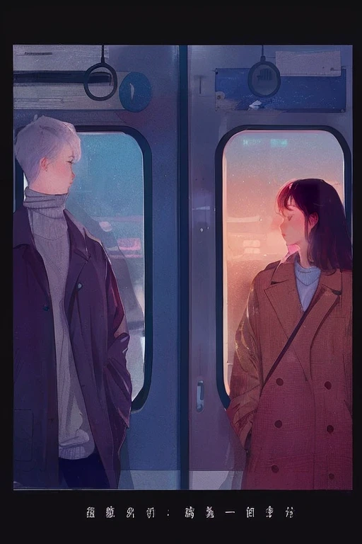 Two people standing side by side on a train, nostalgic melancholic artwork, Woman looking at the scenery outside the window in front of the subway door,A man looking at the woman,vivid colors, soft focus, Light leakage, dreamy winter atmosphere, experimental charm, Retro charm break color field painting, A variety of colors, abstract expressionism, bold hues, emotional impact, atmospheric depth, Minimalist approach BREAK, Beautiful girl, UHD (ultra detail) Viewers watching him wearing hip-hop style padding.., another, fancy, long, hair dyed brown 🌈, bright padded clothing, White stardust in dark areas, absurd, high resolution, very detailed, (1 male 1 female : 1.3), vivid colors, soft focus, Light leakage, dreamy atmosphere,
information

