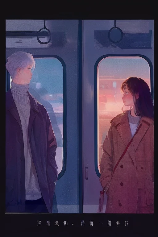 Two people standing side by side on a train, nostalgic melancholic artwork, Woman looking at the scenery outside the window in front of the subway door,A man looking at the woman,vivid colors, soft focus, Light leakage, dreamy winter atmosphere, experimental charm, Retro charm break color field painting, A variety of colors, abstract expressionism, bold hues, emotional impact, atmospheric depth, Minimalist approach BREAK, Beautiful girl, UHD (ultra detail) Viewers watching him wearing hip-hop style padding.., another, fancy, long, hair dyed brown 🌈, bright padded clothing, White stardust in dark areas, absurd, high resolution, very detailed, (1 male 1 female : 1.3), vivid colors, soft focus, Light leakage, dreamy atmosphere,
information
