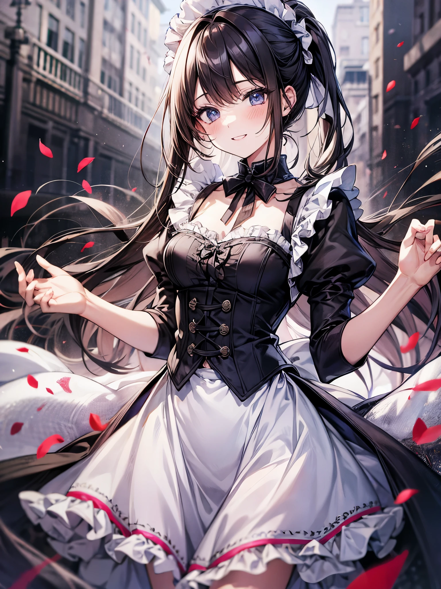 blur the background、Girls in maid costumes around town are smiling cutely at me.、Sparkly air、dancing petals、Mesh Color、rain