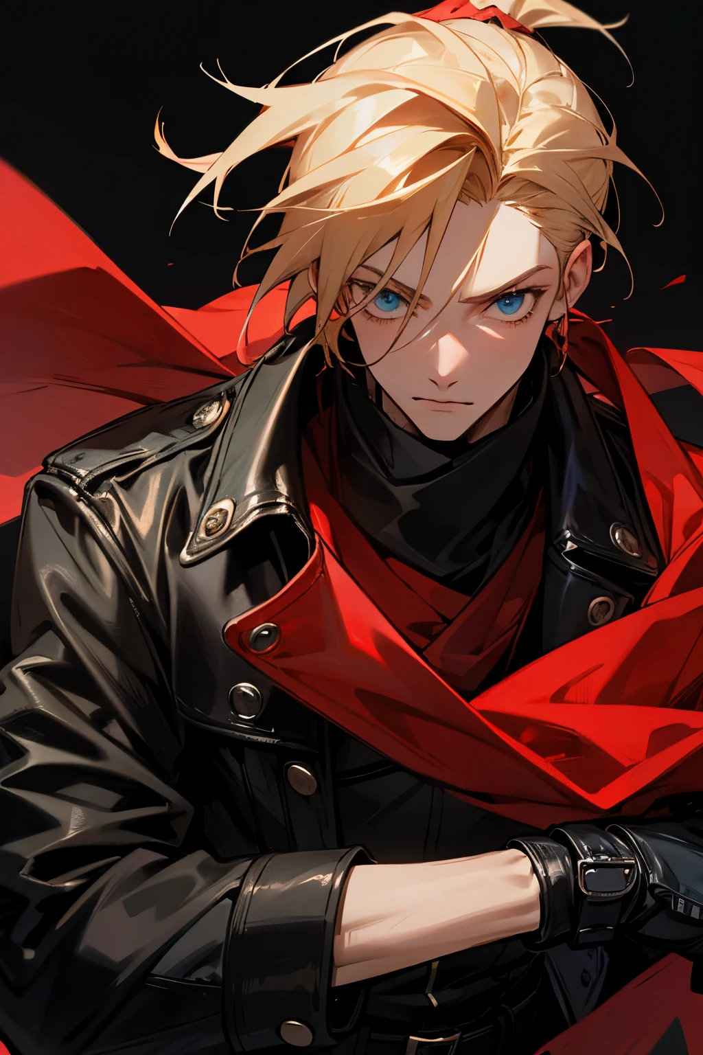 Black Leather Jacker, Short, dark city background, gloves, red scarf, long blond ponytail,young male,