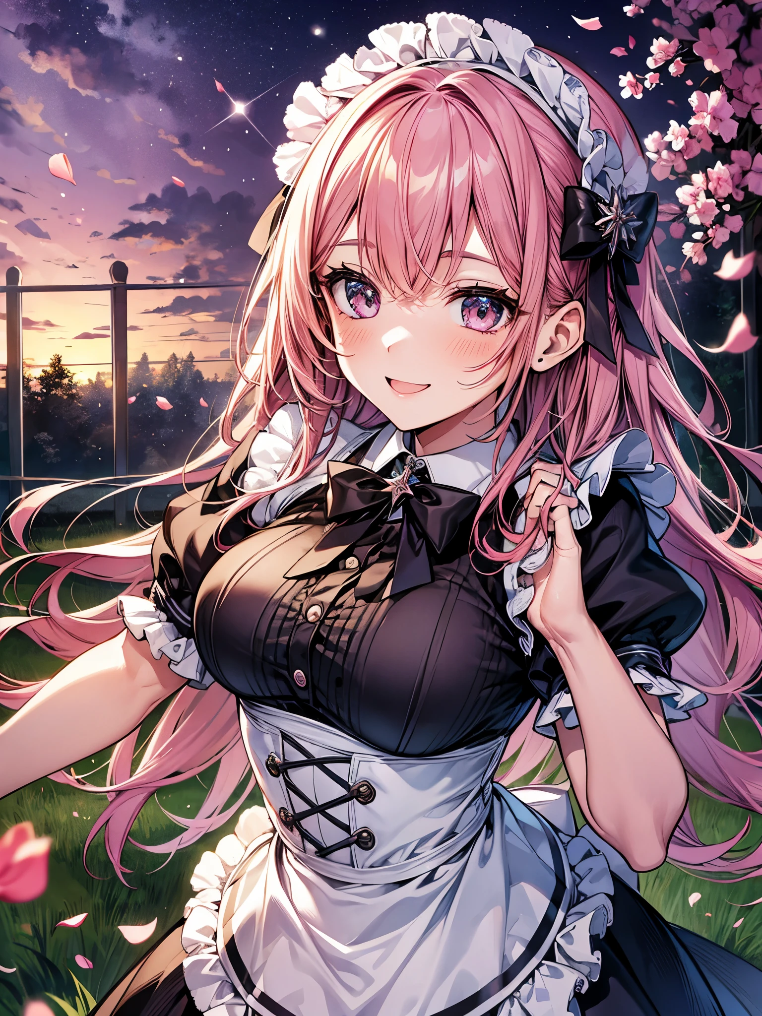 blur the background、A girl wearing a maid costume is smiling cutely at me in the garden.、Sparkly air、dancing petals、dazzling light at sunset、hair、Mesh Color