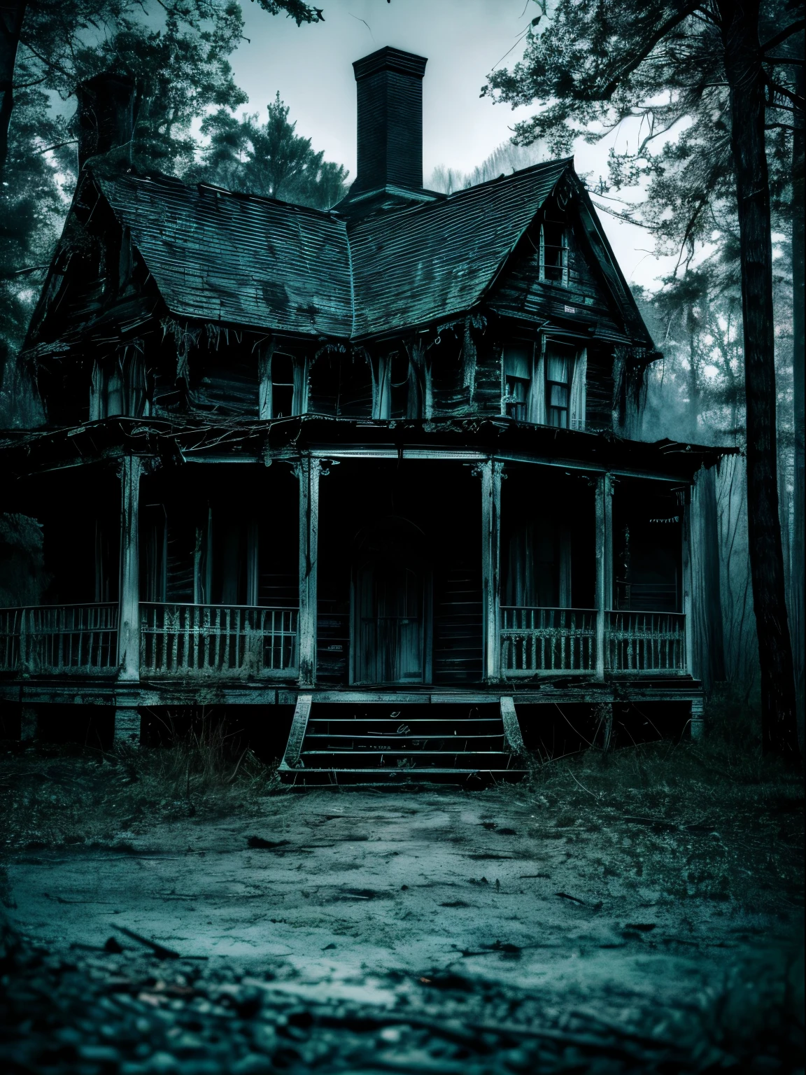 an abandoned, mysterious house in the dark woods, (best quality, highres) with haunting whispers and ghostly apparitions, (horror) illuminated by a pale moonlight, casting long shadows on the decaying furniture and broken glass, (ultra-detailed) revealing intricate cobwebs and layers of dust, (creepy) creating an atmosphere of suspense and unease. The air is heavy with an otherworldly presence, (photorealistic) as if time has stopped in this eerie place, (grim, gothic) where secrets and forgotten nightmares reside.