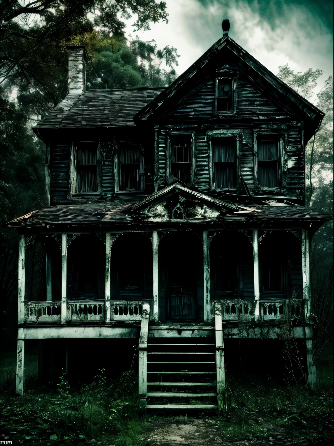 an abandoned, mysterious house in the dark woods, (best quality, highres) with haunting whispers and ghostly apparitions, (horror) illuminated by a pale moonlight, casting long shadows on the decaying furniture and broken glass, (ultra-detailed) revealing intricate cobwebs and layers of dust, (creepy) creating an atmosphere of suspense and unease. The air is heavy with an otherworldly presence, (photorealistic) as if time has stopped in this eerie place, (grim, gothic) where secrets and forgotten nightmares reside.