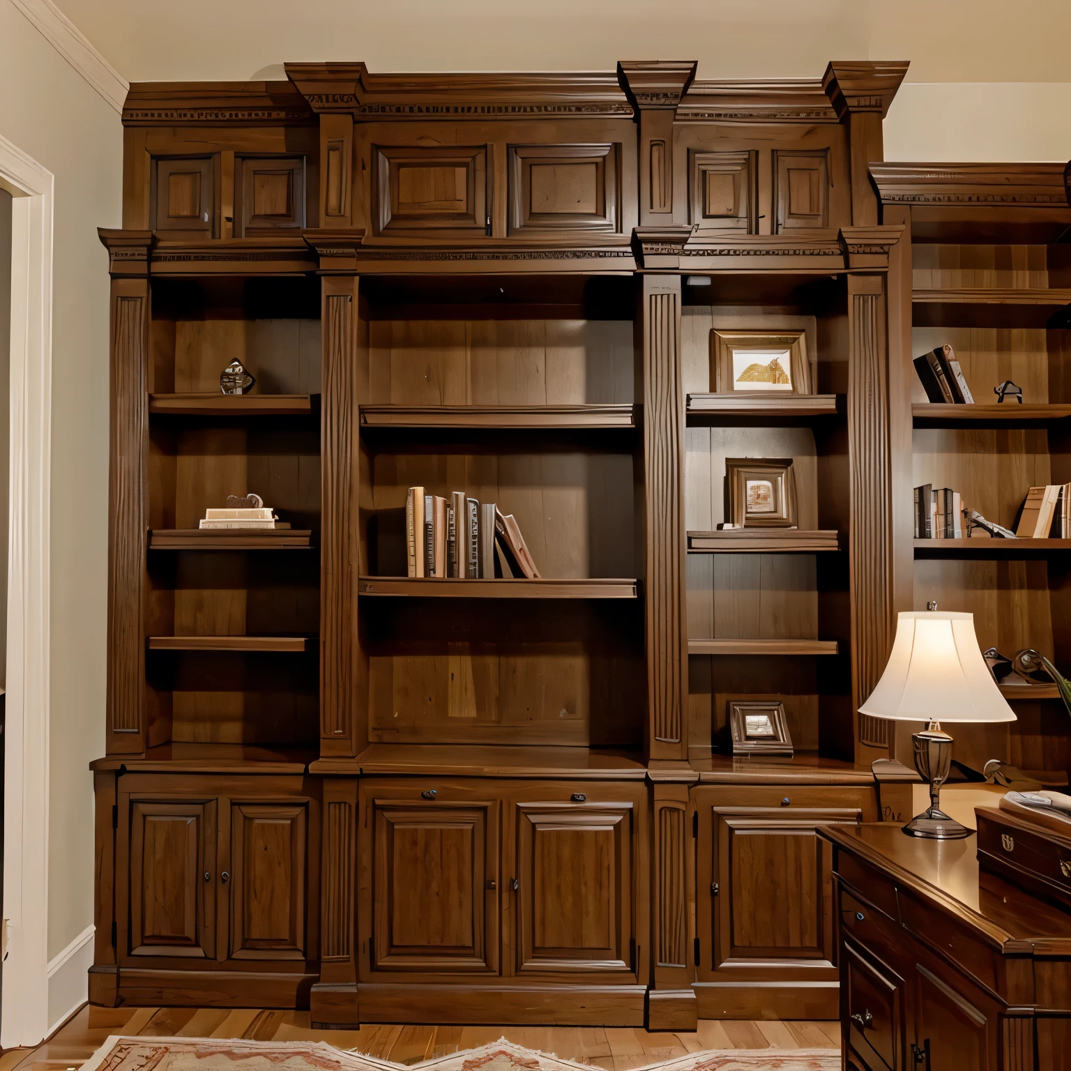 Bookcase with decorative molding being attached