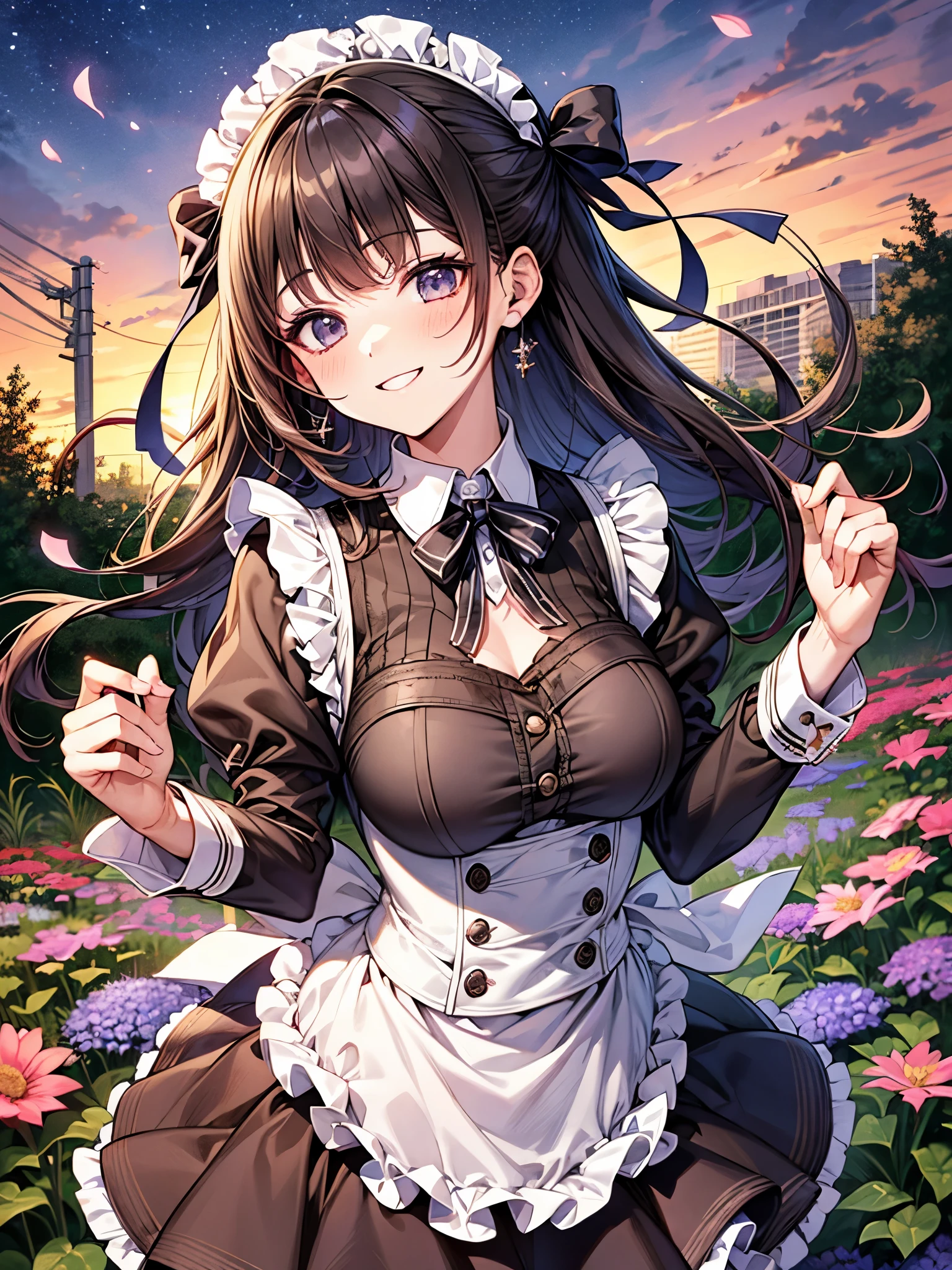 blur the background、A girl wearing a maid costume is smiling cutely at me in the garden.、Sparkly air、dancing petals、dazzling light at sunset、hair、Mesh Color