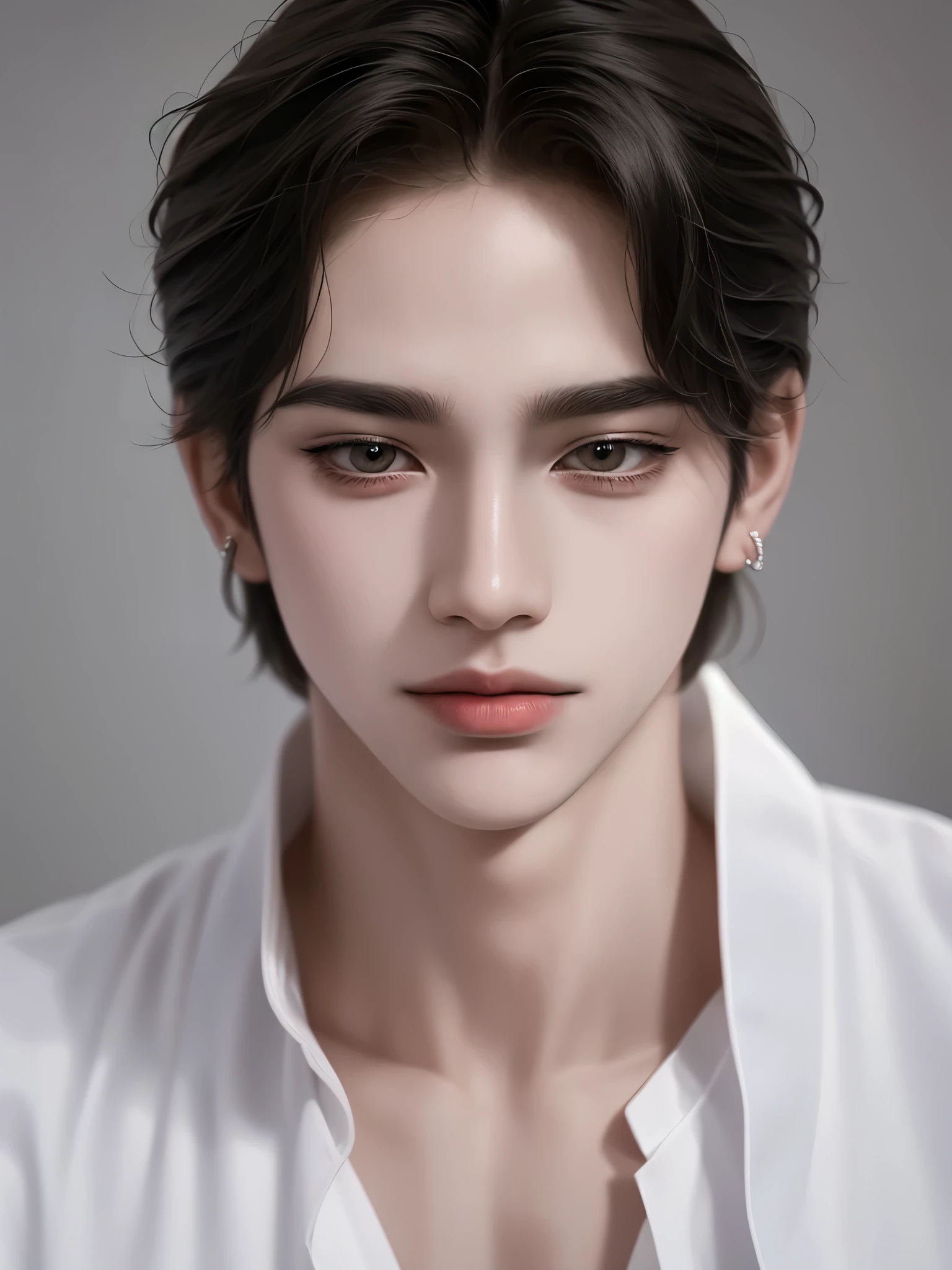 ((1hombre))),((ulzzang)),((pelo despeinado)),elegante,((hombre)),(Fondo blanco),collar,tatuaje,((coreano)),modelo,posando,((Cabello corto)),sensualidad ojos,((top corto))hombre, elegante, chico malo coreano, ultra detallado,hiper detalles,cinematic light, Solo,Pararse,Estudio blanco,filtro en blanco y negro,de cerca,frente,looking at viewer from frente,hombrehwa-style,camisa desabotonada,Tatuaje en el pecho,pelo negro,flequillo desordenado,corte de pelo emo,modelo,pose,drilling,pendientes,collar de cruz,sonrisa.