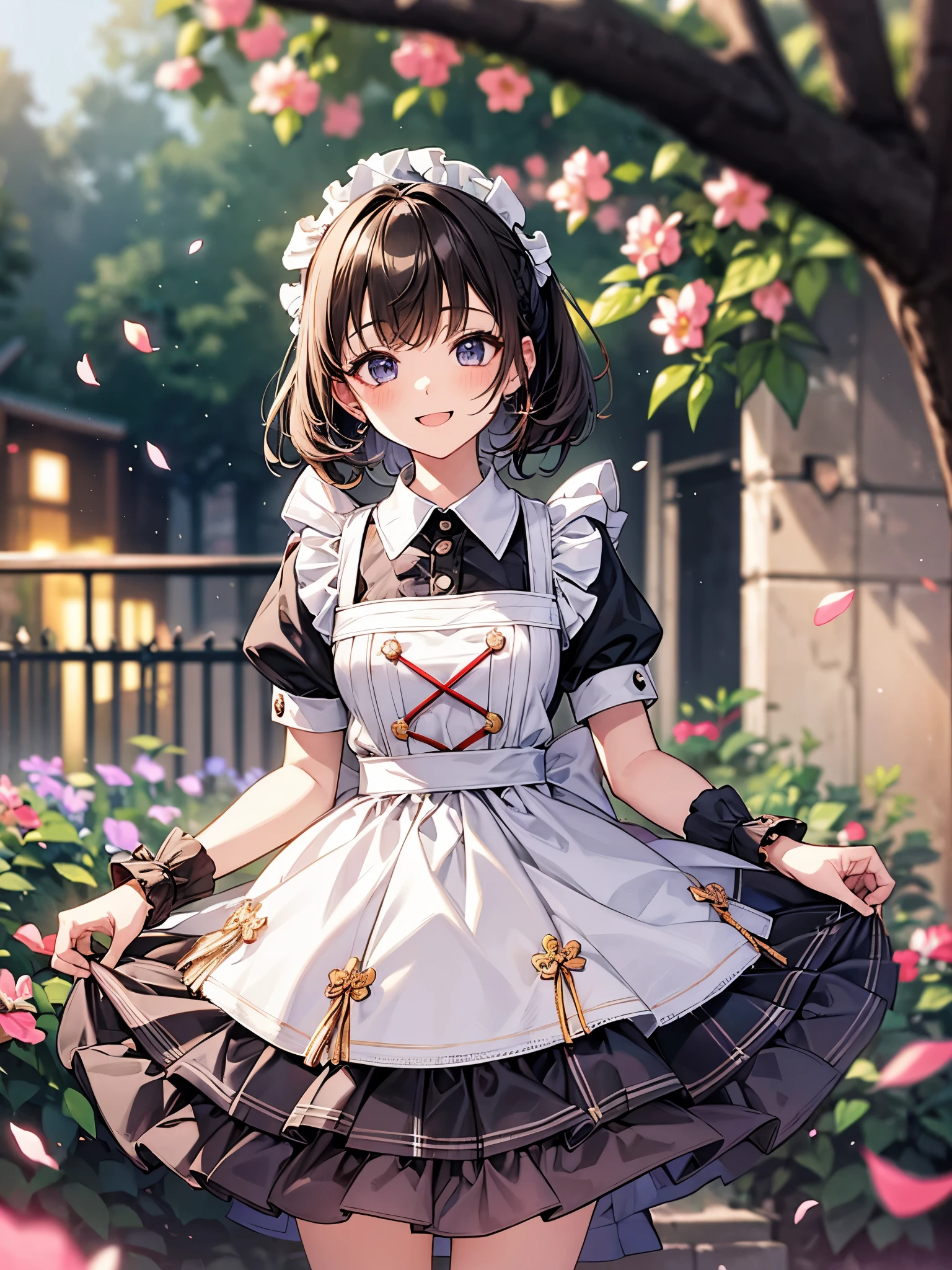 blur the background、A girl wearing a maid costume is smiling cutely at me in the garden.、Sparkly air、dancing petals、noon、fun、Mental、dazzling light、hair、Mesh Color
