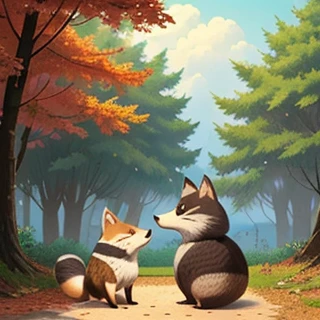 A picture of a raccoon dog and a fox making friends