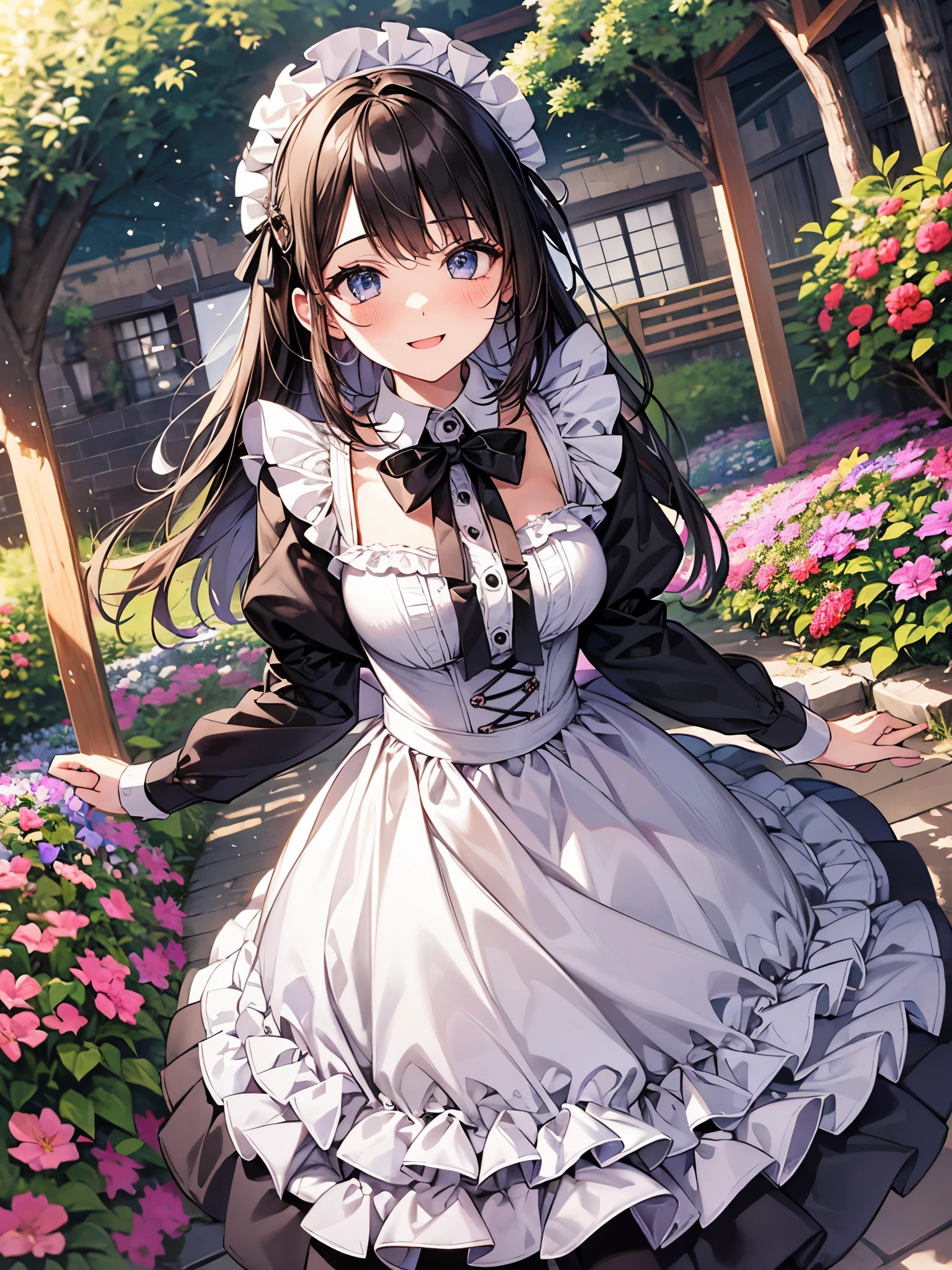 blur the background、A girl wearing a maid costume is smiling cutely at me in the garden.、Sparkly air、dancing petals、noon、fun、Mental、dazzling light、hair、Mesh Color