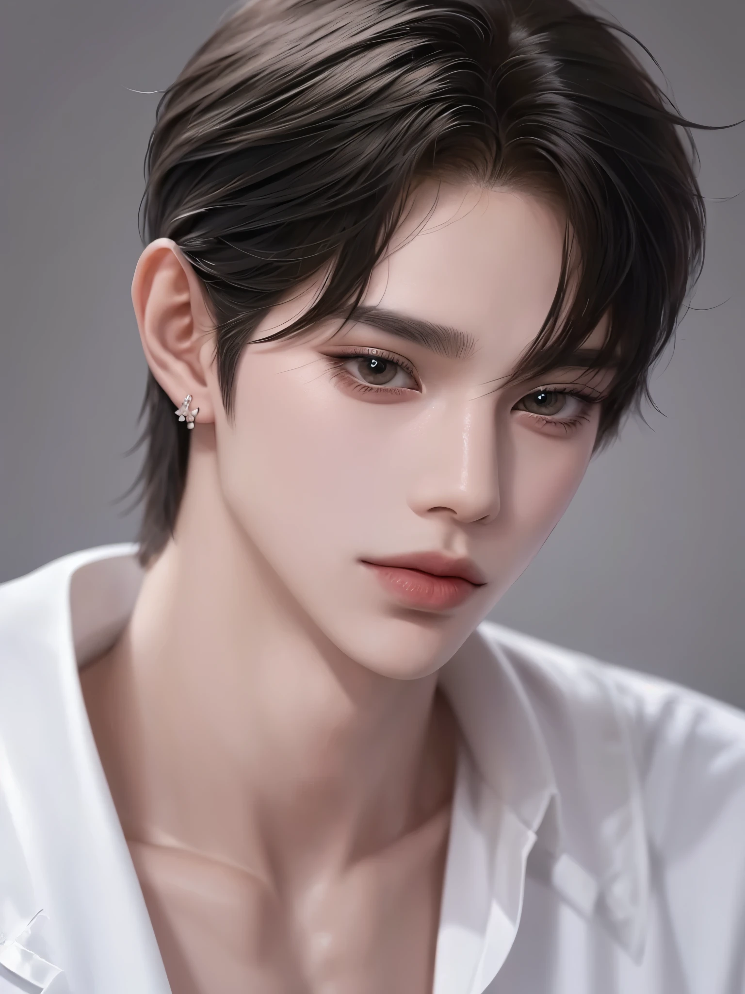 ((1hombre))),((ulzzang)),((pelo despeinado)),elegante,((hombre)),(Fondo blanco),collar,tatuaje,((coreano)),modelo,posando,((Cabello corto)),sensualidad ojos,((top corto))hombre, elegante, chico malo coreano, ultra detallado,hiper detalles,cinematic light, Solo,Pararse,Estudio blanco,filtro en blanco y negro,de cerca,frente,looking at viewer from frente,hombrehwa-style,camisa desabotonada,Tatuaje en el pecho,pelo negro,flequillo desordenado,corte de pelo emo,modelo,pose,drilling,pendientes,collar de cruz,sonrisa.