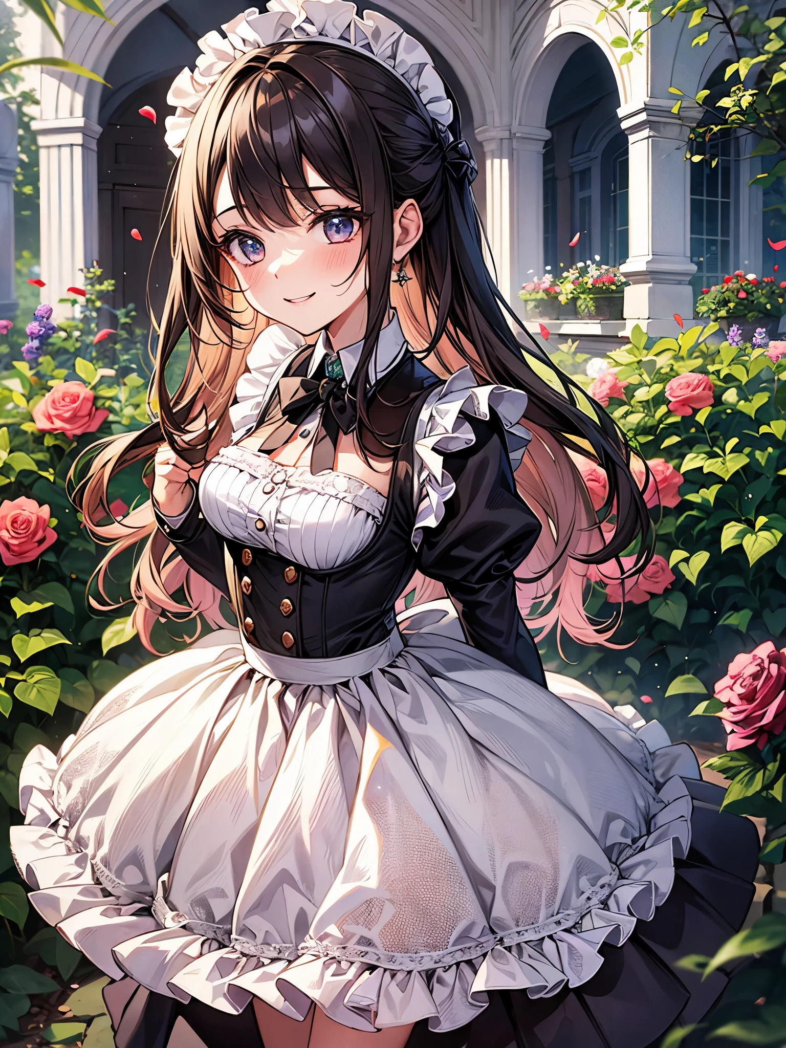 A girl wearing a maid costume is smiling cutely in the rose garden.、Sparkly air、dancing petals、noon、fun、Mental、strong light、hair、Mesh Color