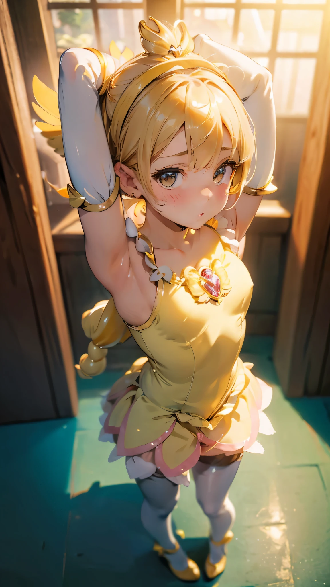 nsfw, (best picture quality, 8K, high quality, masterpiece:1.2), ((masterpiece)), (high detail, high quality, best picture quality), bokeh, DOF, Portrait, open stance, (cute illustration:1.2), public restroom, fullbody, (blond short hair), (little cute girl:1.2), bun style hair, (small breast), cute round face, (yellow gorgeous magical girl:1.4), short skirt, sexy panty, sleeveless, detached sleeve, (blue thigh high pantyhose), (arms behind head:1.3),