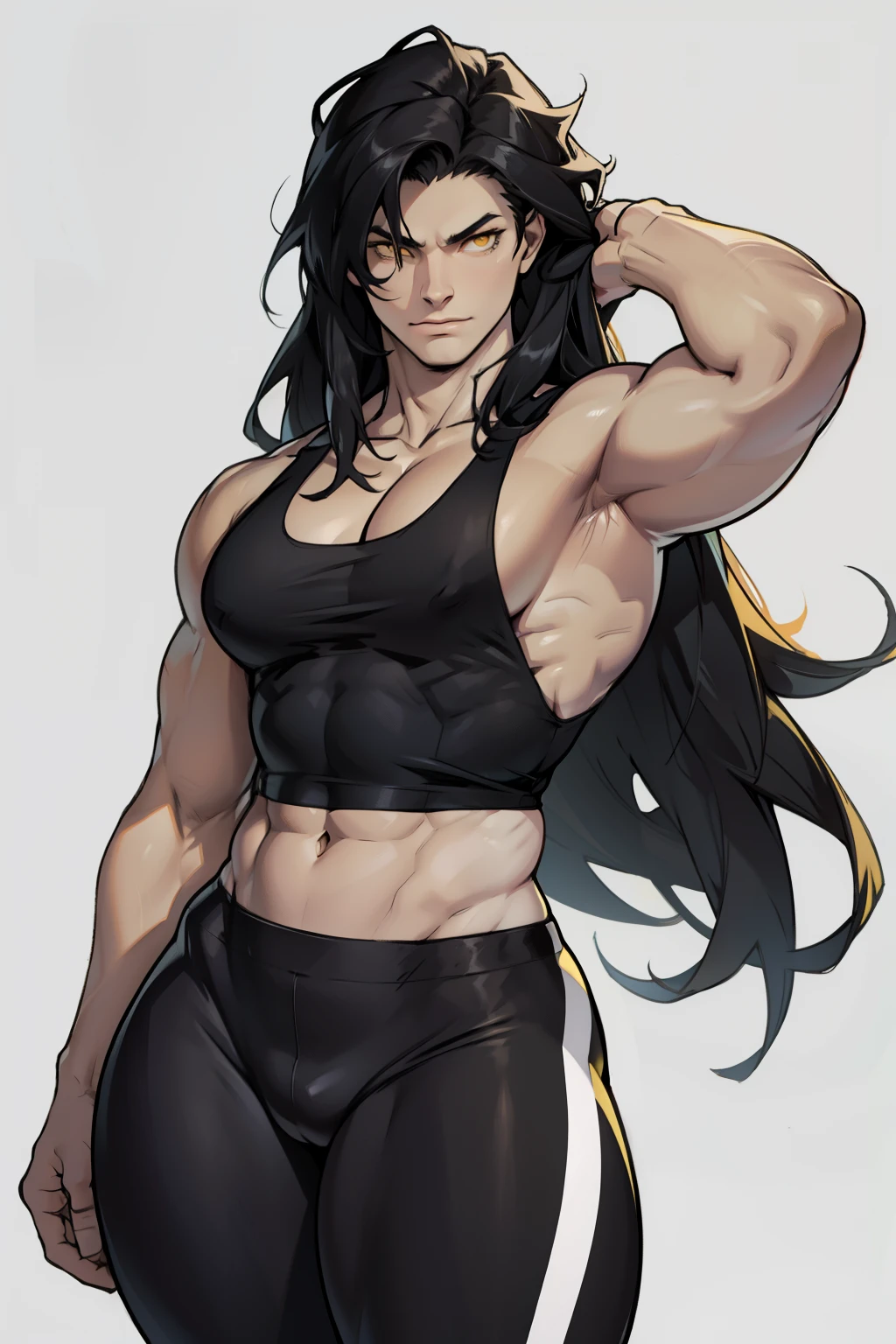 black hair, very long hair, yellow eyes, thick thighs, large breasts, (muscular), pale skin, leggings, tank top, toned body
