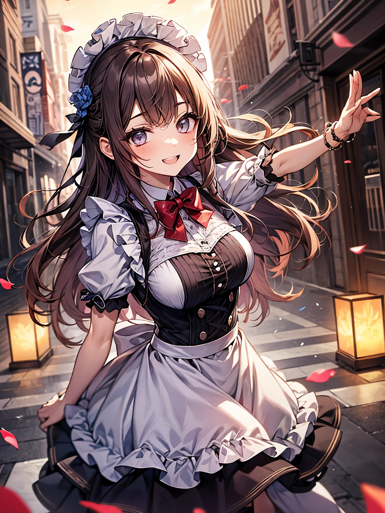 blur the background、A girl wearing a maid costume is smiling cutely in the street.、Sparkly air、dancing petals、dazzling light at sunset、hair、Mesh Color
