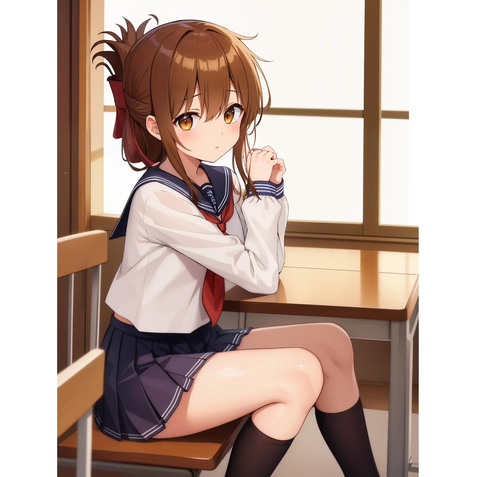 (masterpiece, highest quality:1.2),figure,8K,HD,1 girl,alone,Brown_hair,folded_ponytail,Brown_eye,serafuku,length_hair,School_uniform,skirt,pleats_skirt,セーラー服を着た体調の悪い女子高生がSchoolの体育館に座り、Observing a class while hugging one's knees.