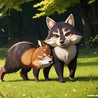 A photo that looks like a raccoon dog and a fox playing together