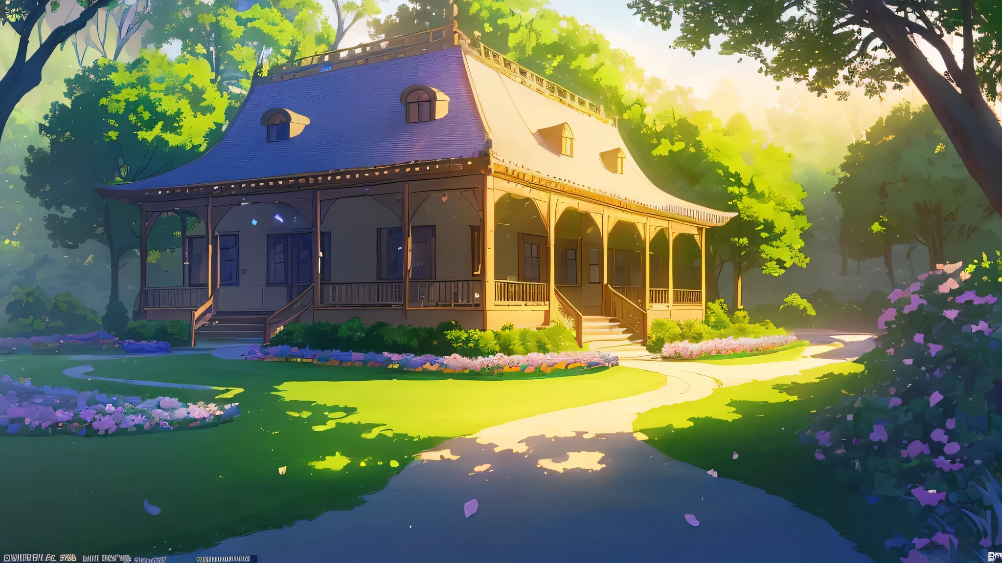 (((no one)))、background、masterpiece, highest quality, (Highly detailed CG Unity 8K wallpaper) (highest quality), (best illustrations), (best shadows) nature'A delicate garden, rainbow-colored petals scattering in the sky, chasing the light, Super detailed - V6、Western architecture mansion、A Western-style building nestled in the forest