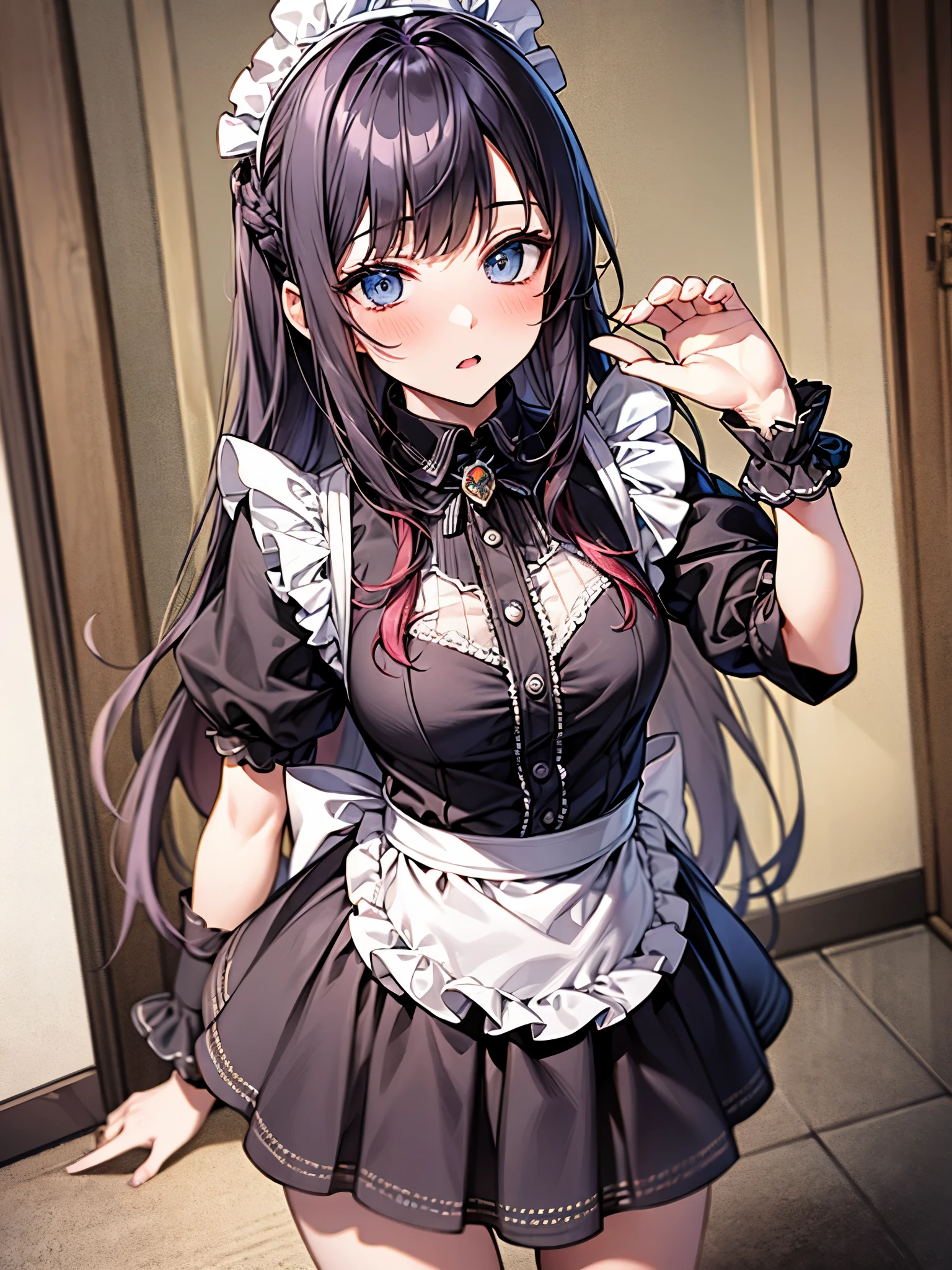 (((perfect human body:1.3)))、Low - Angle、Maid Outfit Cosplay:1.3,mini skirt、椅ベッドでうたたねDoing:1.3、Doing、frills、blush、20-year-old、Late night bedroom、colorful hair color、bangs bangs、cute、Fashionable、thighs