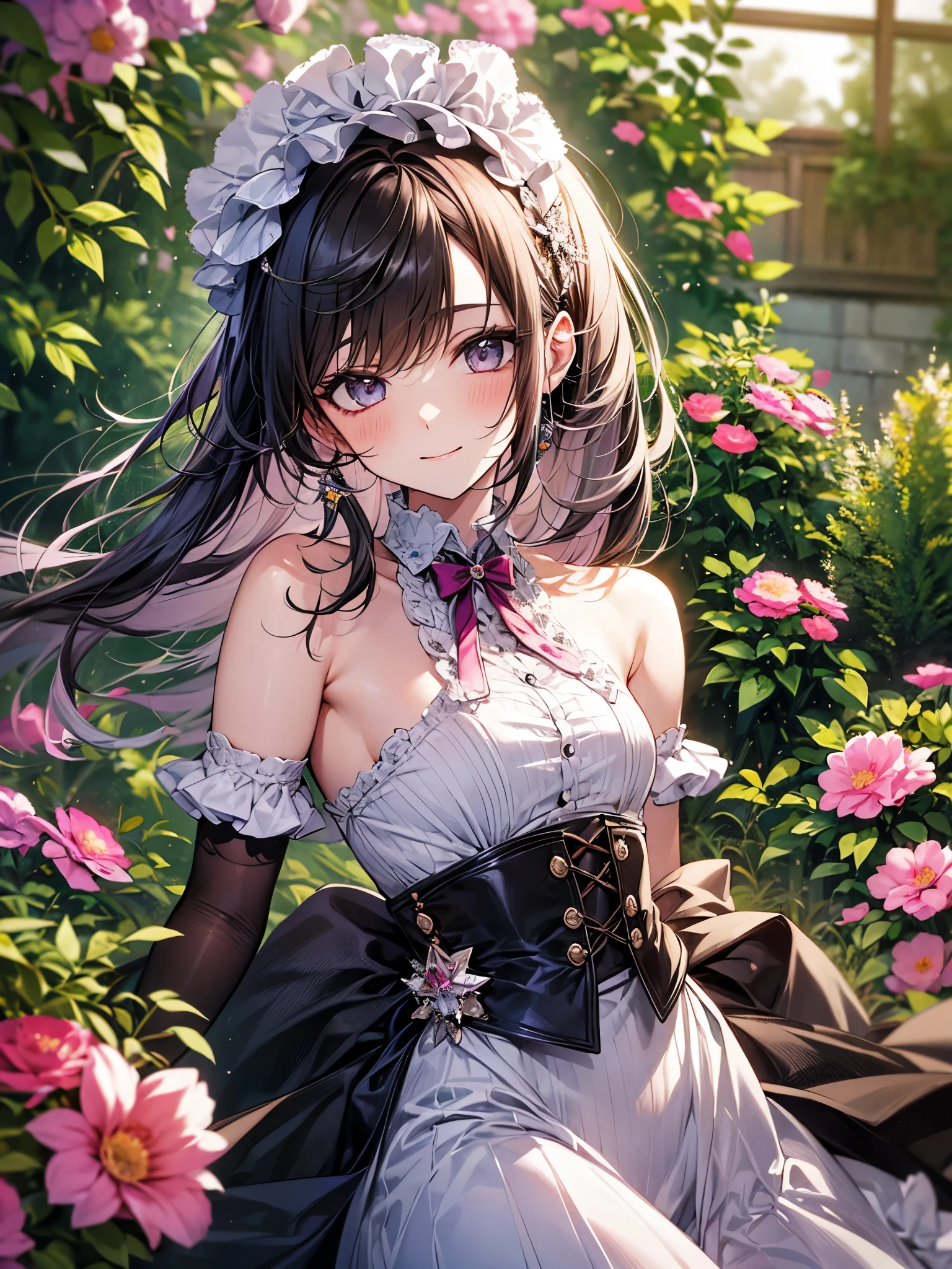 blur the background、armpit、A girl wearing a maid costume is smiling cutely at me in the garden.、Sparkly air、dancing petals、dazzling light at sunset、hair、Mesh Color