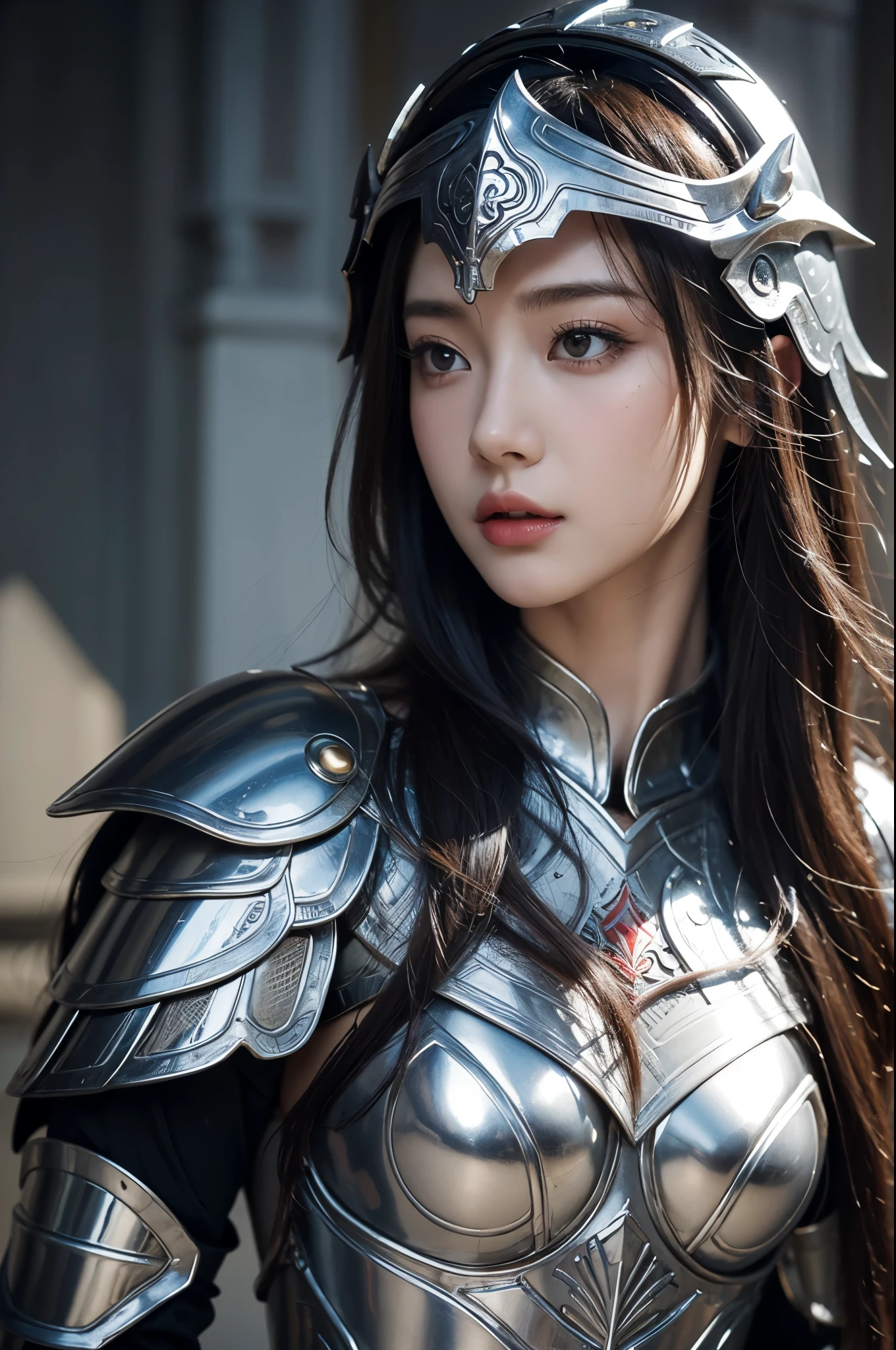 (top-quality,masterpiece),Close up portrait of woman in silver and red dress posing,Colossal ,美丽的面容,well proportioned face,Bunching up long hair,detailed fantasy art、closes mouth,Fanart Meilleure ArtStation、epic exquisite character art、Dragon helmet,Beautiful armor、Armor with intricate details,extremely detailed art germ、Detailed Digital Anime Art、armor girl,valkyrie,Painted on the waist,