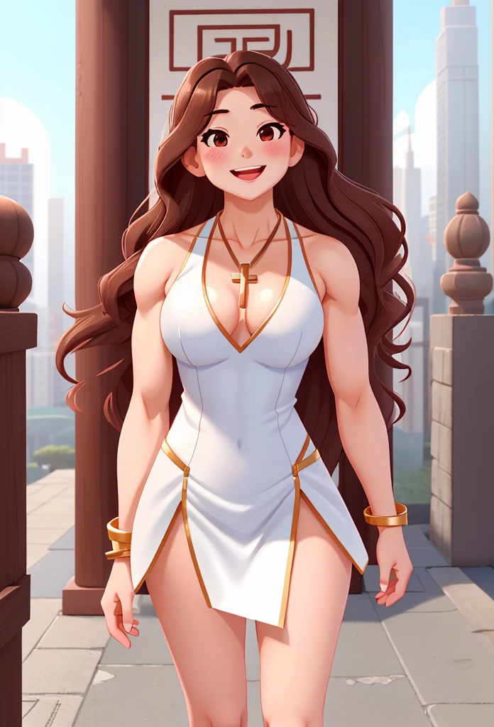 attractive korean woman, ripped muscle, muscular body, small breast, pale skin, smile(blush), sequins slit dress, cross necklace, sixpack abs, [ultra detailed skin:1.2], brown hair, long wavy hair, 8k uhd, full body, crowd, public, temple, standing,