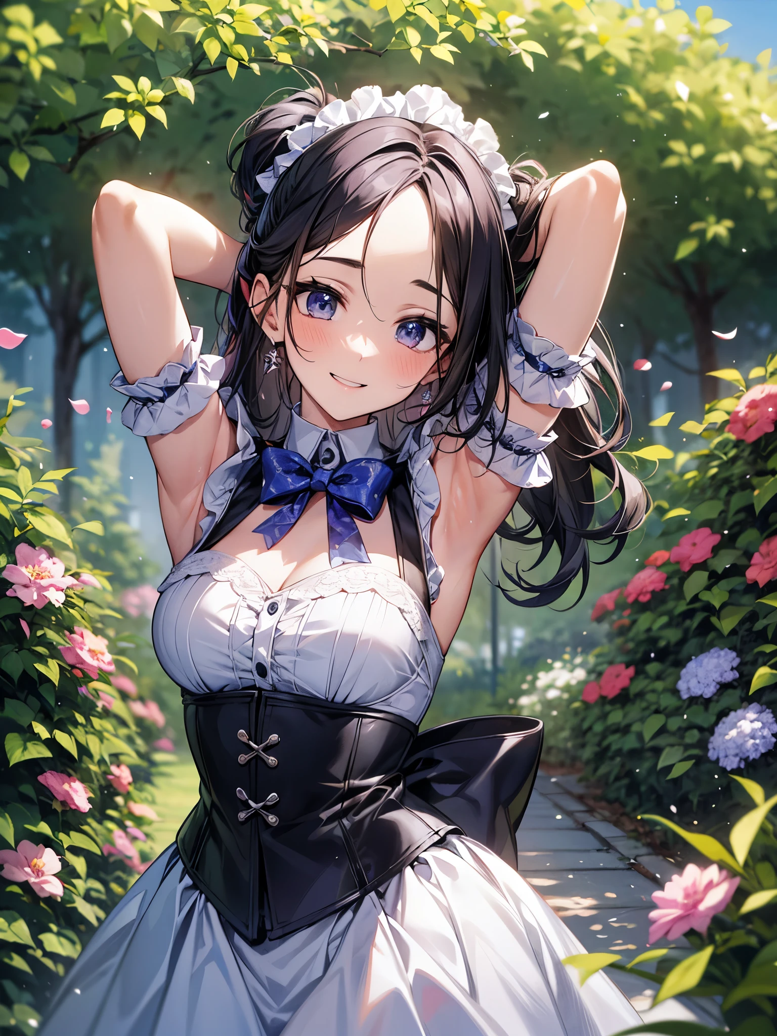 blur the background、armpit、A girl wearing a maid costume is smiling cutely at me in the garden.、Sparkly air、dancing petals、Hot summer、hair、Mesh Color、Forehead