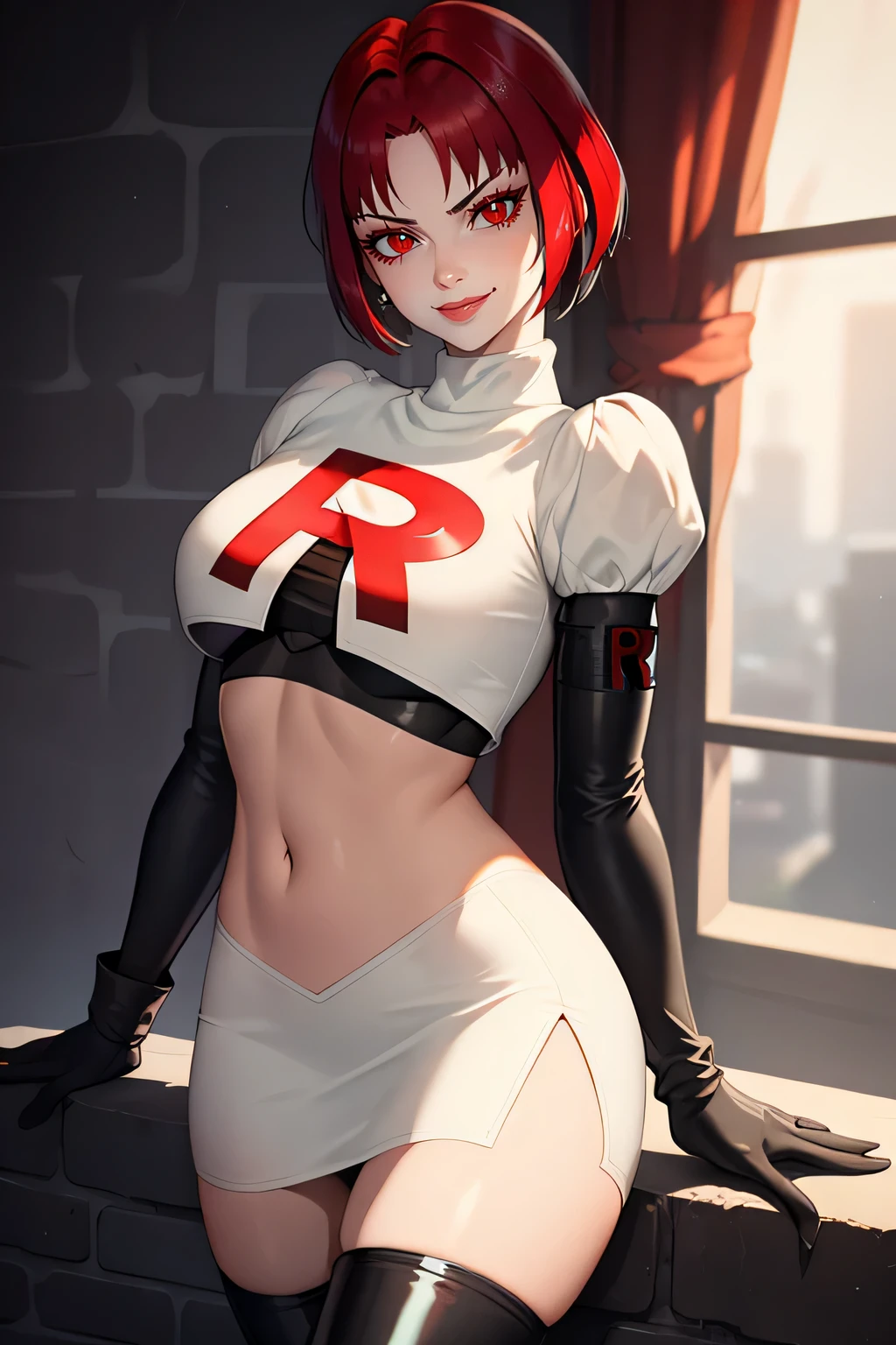 feMonica, short hair,red eyes ,glossy lips ,team rocket uniform, red letter R, white skirt,white crop top,black thigh-high boots, black elbow gloves, evil smile, sexy poses